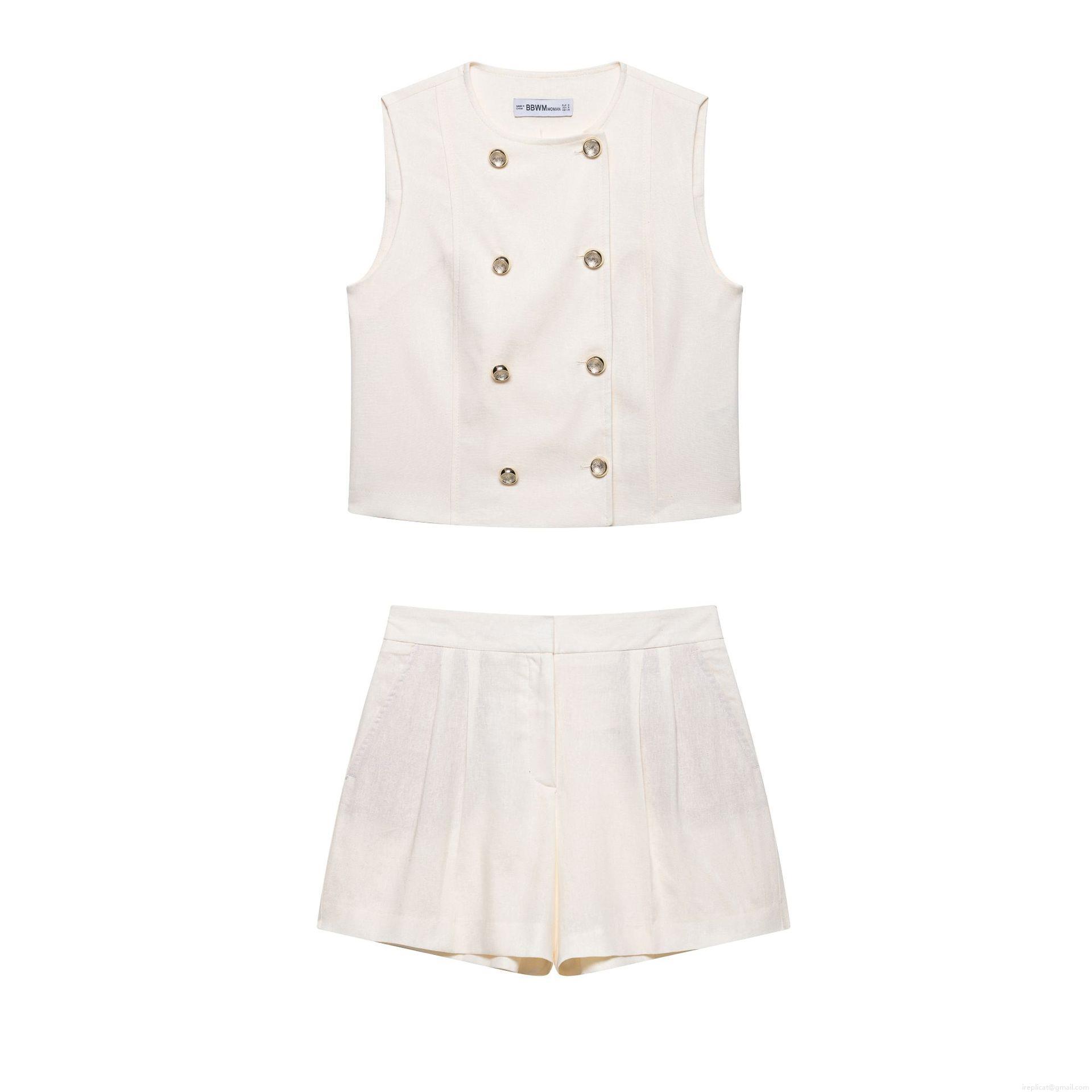 Women Chic 2 Piece Shorts Set Elegant Double Breasted Sleeveless Vest Waistcoat and High Waist Pleated Shorts Linen Like Polyester Streetwear Summer Office Outfit