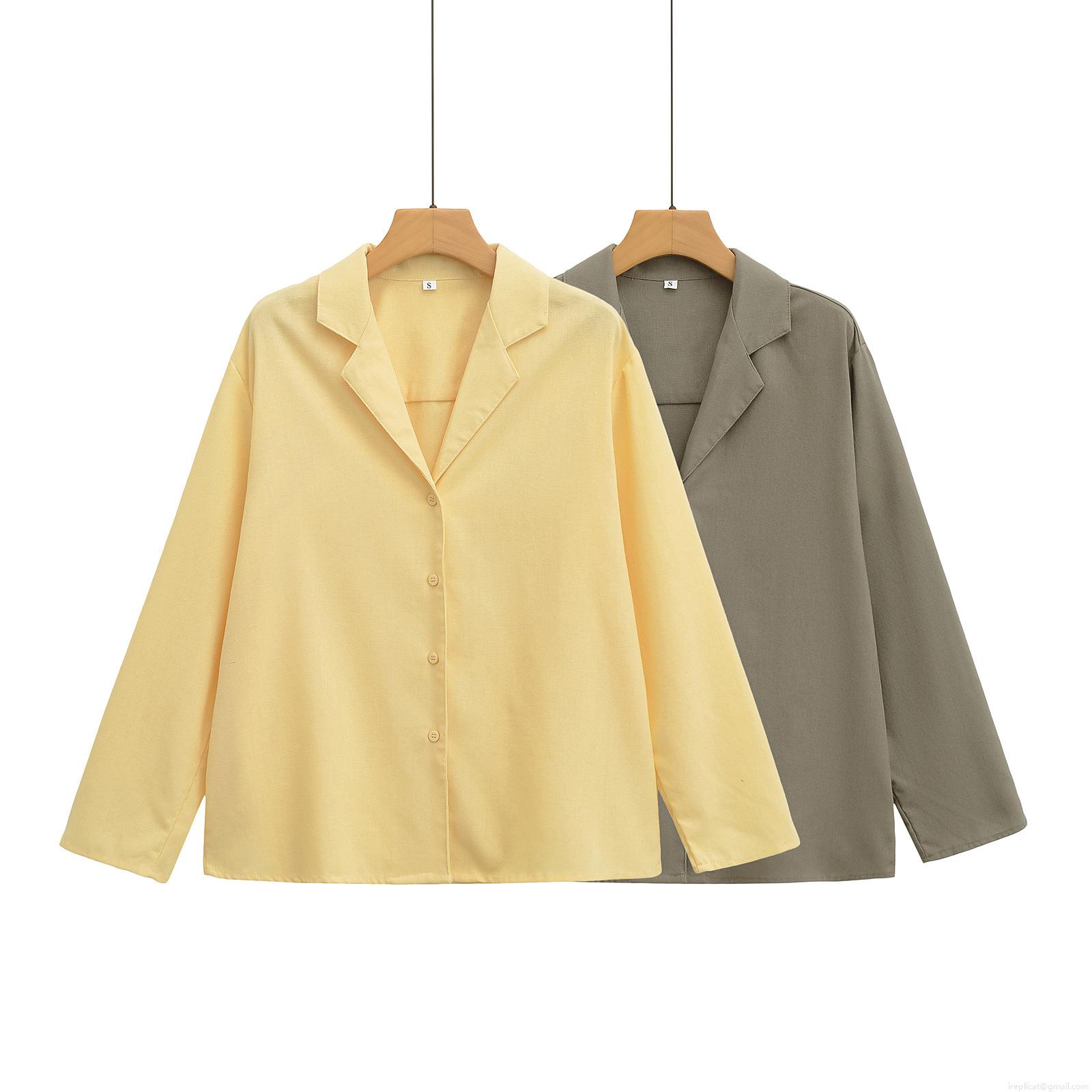Women's Casual Cotton Linen Blend Two Piece Set Long Sleeve Button Down Shirt And Elastic Waist Shorts Loungewear Summer Outfit Streetwear