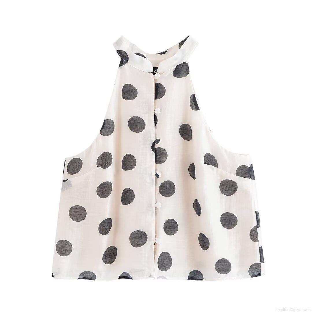 Women's Polka Dot Two Piece Set Halter Neck Button Up Crop Top And High Waist Shorts Casual Summer Beach Vacation Streetwear Outfit