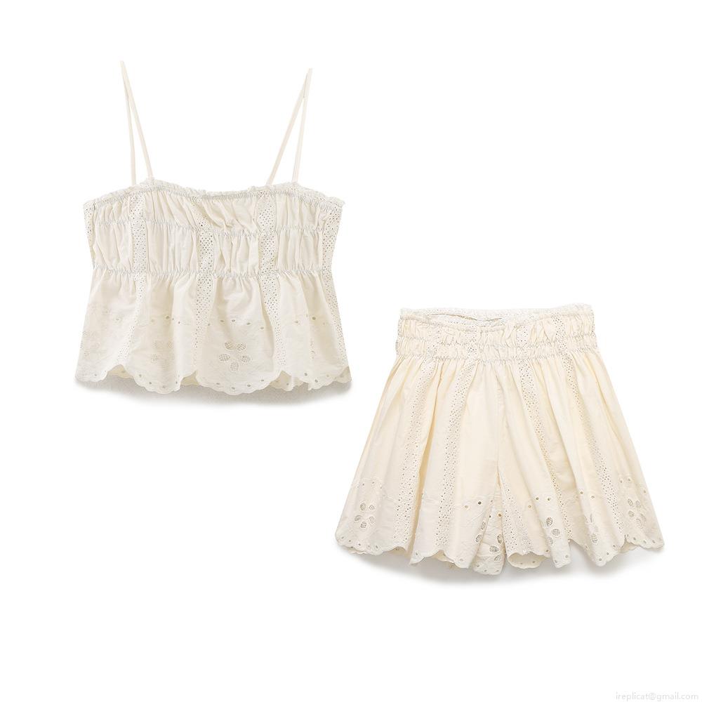 Women's Two Piece Shorts Set Cotton Blend Broderie Anglaise Eyelet Lace Embroidery Hollow Out Crop Top And High Waist Shorts Boho Beach Summer Outfits