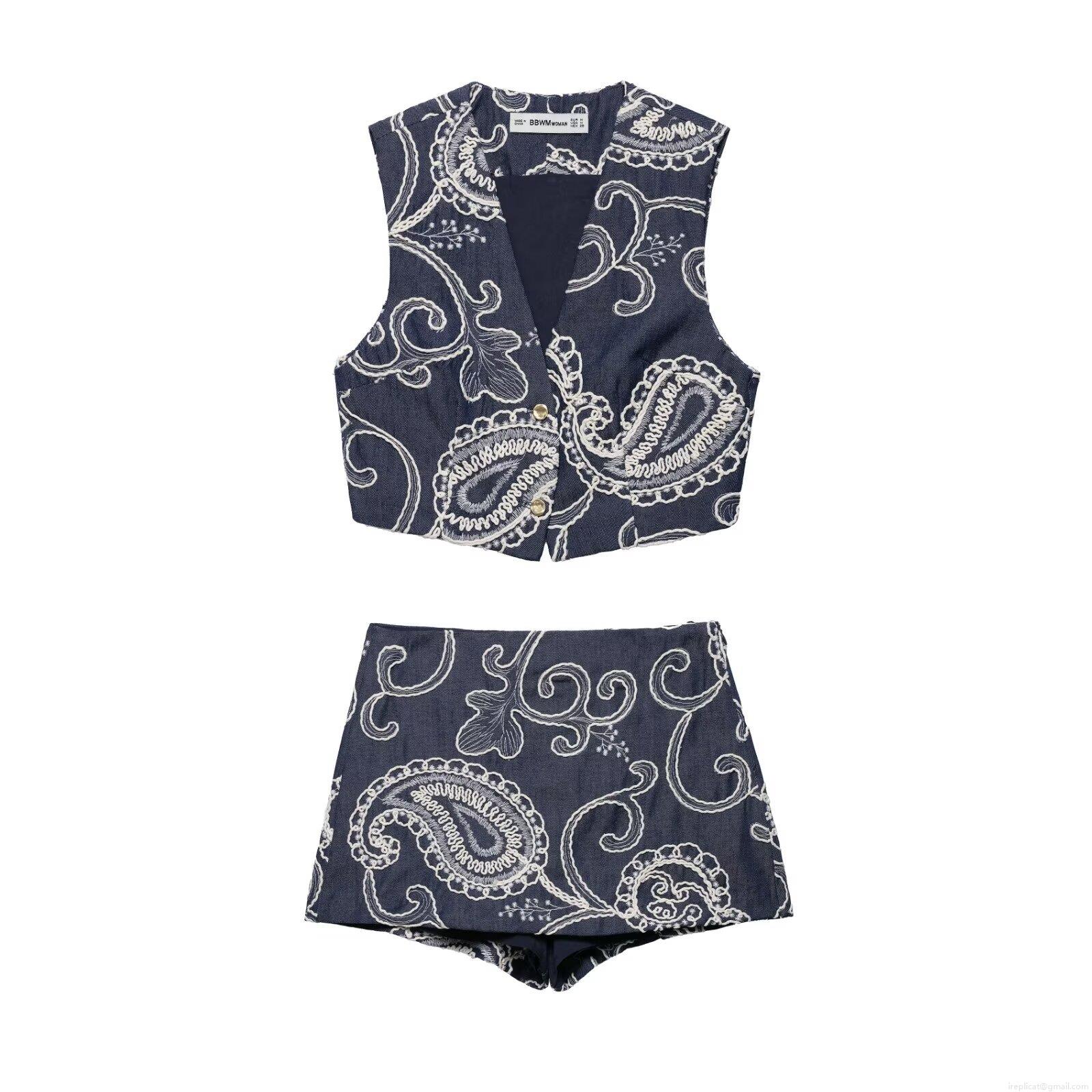 Women's Two Piece Shorts Set Paisley Embroidery Sleeveless V-Neck Vest Top High Waist Shorts Co-ords Set Casual Summer Outfits