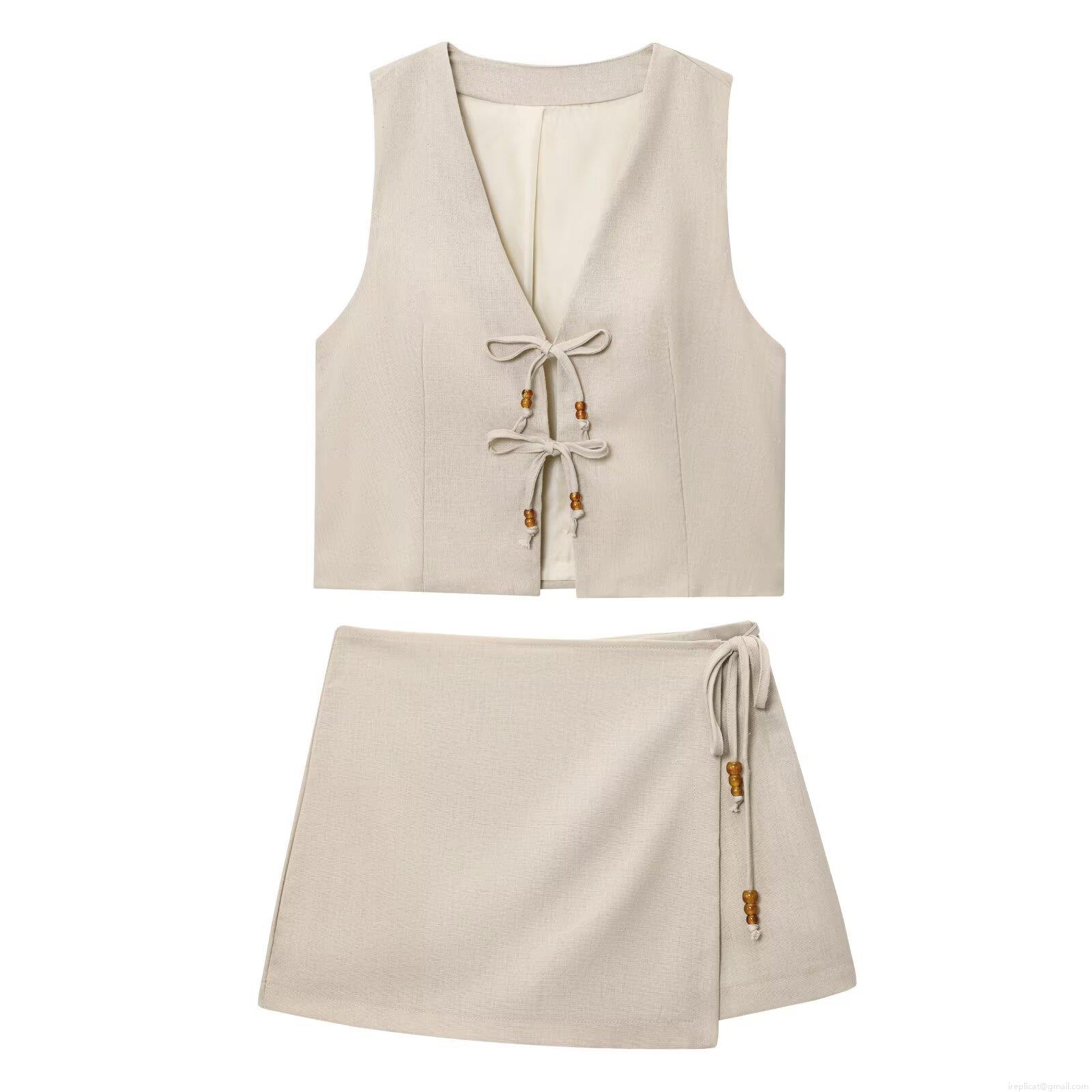 Women's Casual Cotton Linen Blend Two Piece Set V-Neck Tie-Up Vest Top And Wrap Skirt Shorts With Wooden Bead Decor Beige Summer Vacation Outfit