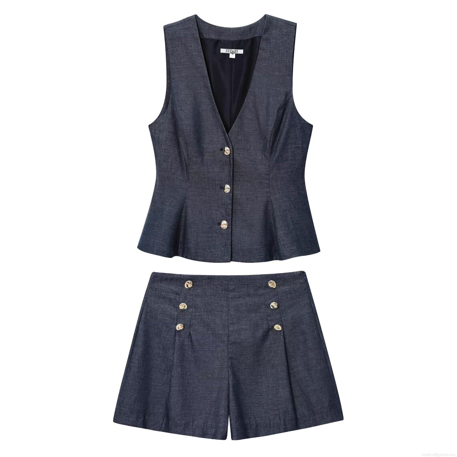 Women's Casual Tencel Denim Vest and Shorts Two-Piece Set Solid Color High Waist Double Breasted Sleeveless Top and Button Shorts Streetwear Outfits For Lady