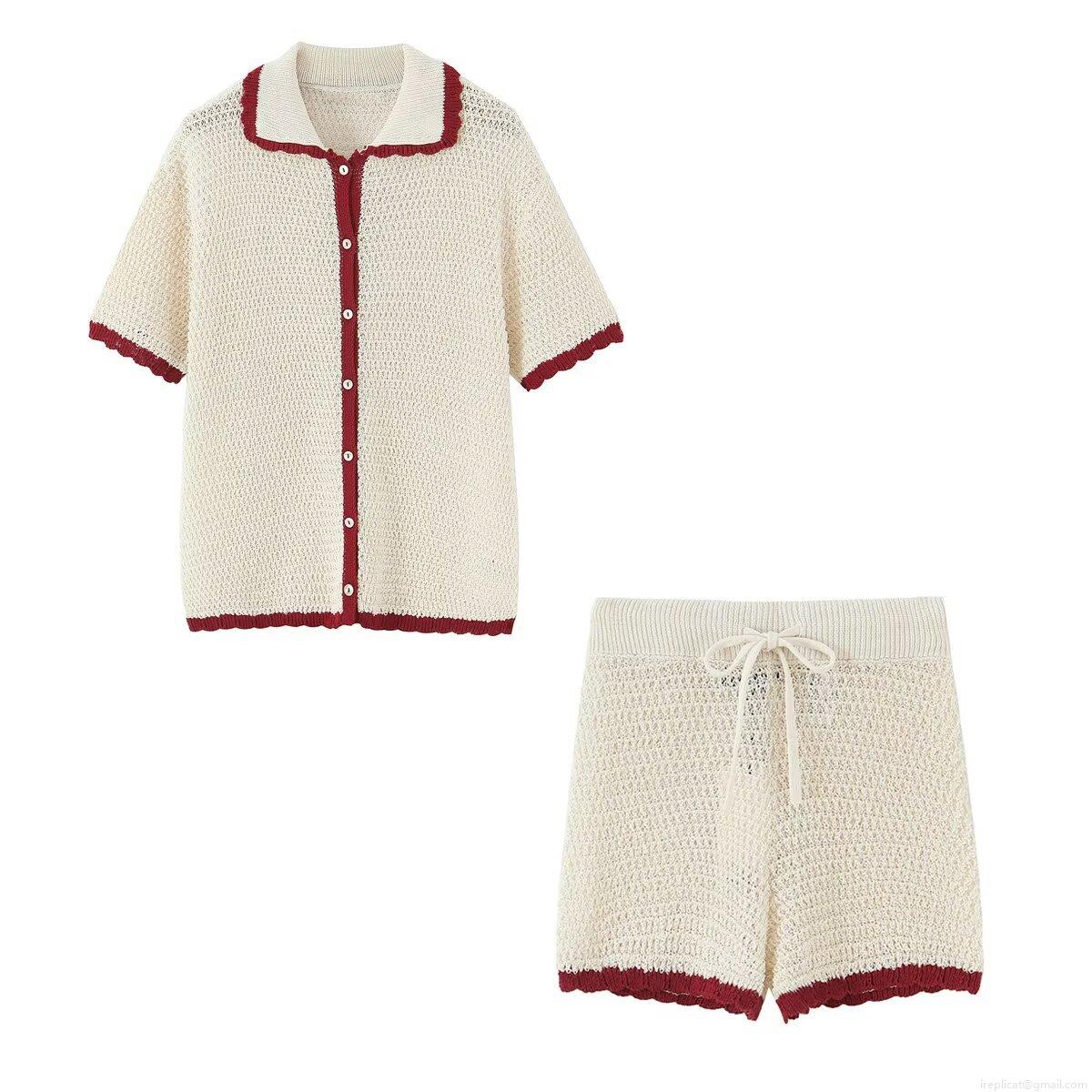 Women's Two Piece Knit Shorts Set Retro Contrast Wave Trim Polo Neck Short Sleeve Cardigan And Elastic Drawstring Shorts Outfits Summer Casual Vacation Beachwear