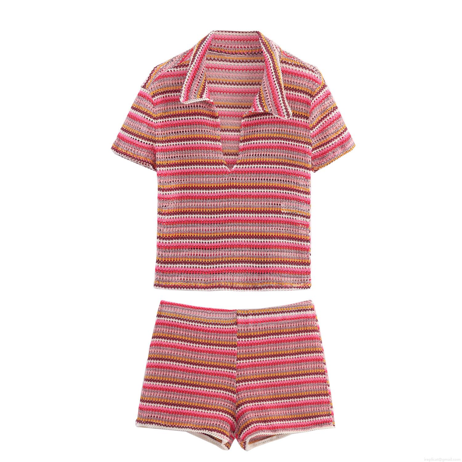 Women's Striped Crochet Knit Shorts Set Hollow Out Short Sleeve Polo Top And Elastic Waist Mini Shorts Two-Piece Outfit For Summer Vacation Beach Casual Streetwear
