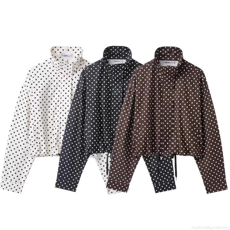 Fashion Women's Polka Dot Two Piece Set Long Sleeve Stand Collar Drawstring Jacket and High Waist Shorts Casual Seersucker Streetwear Outfit