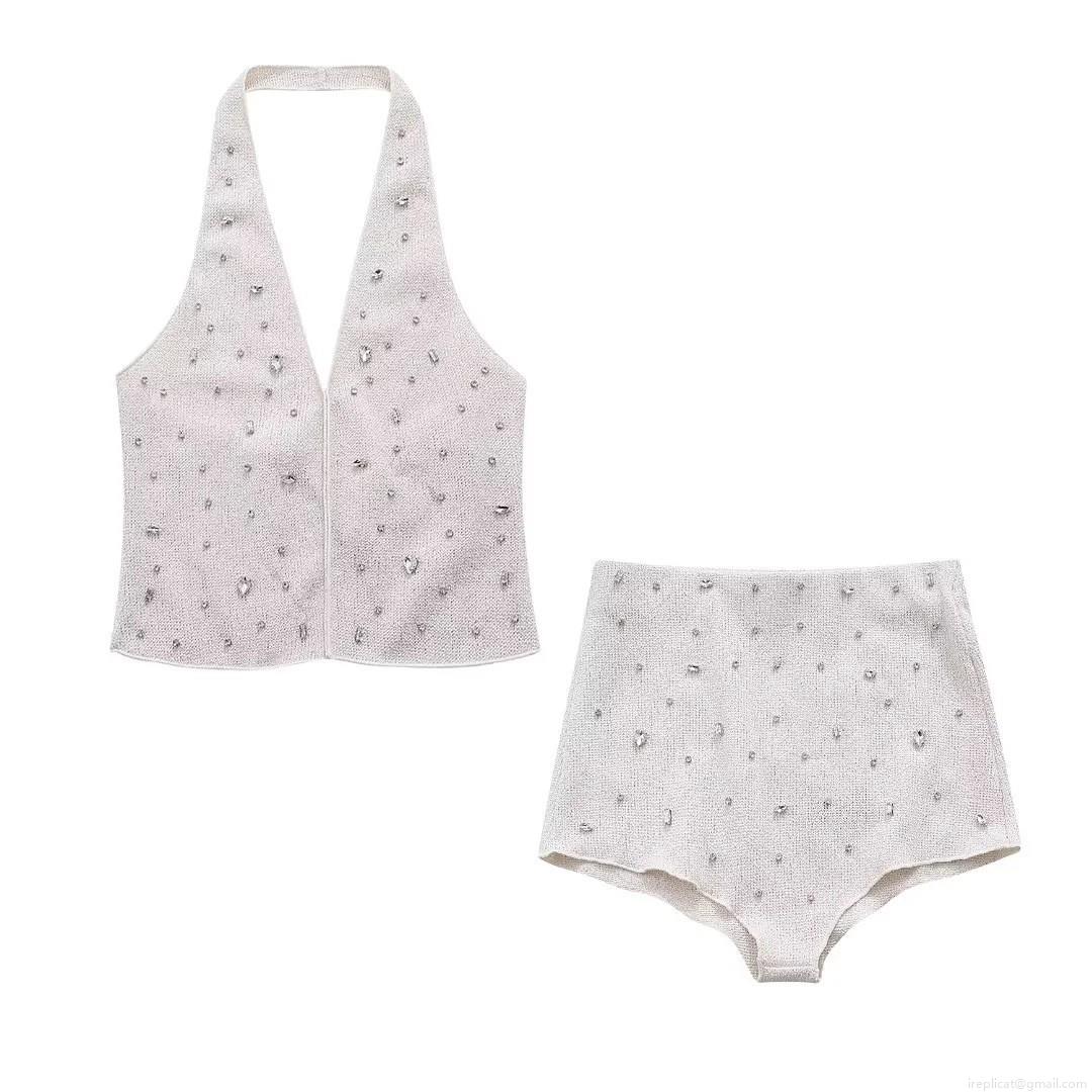 Women's Sparkling Rhinestone Knit Two Piece Set Halter Neck Sexy Crop Top And High Waist Bodycon Shorts Summer Party Nightclub Outfits