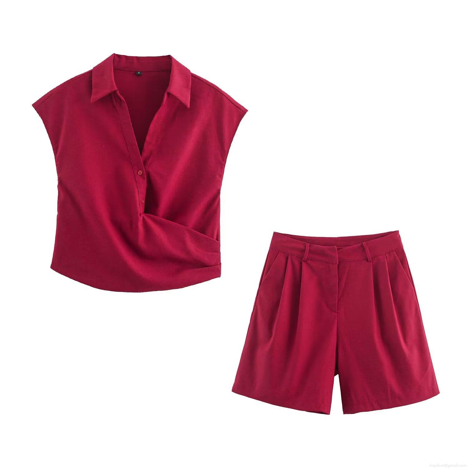 Women's Casual Two Piece Shorts Set 85% Cotton Sleeveless V Neck Crop Top And High Waist Wide Leg Shorts Set Wine Red Summer Beach Vacation Outfits