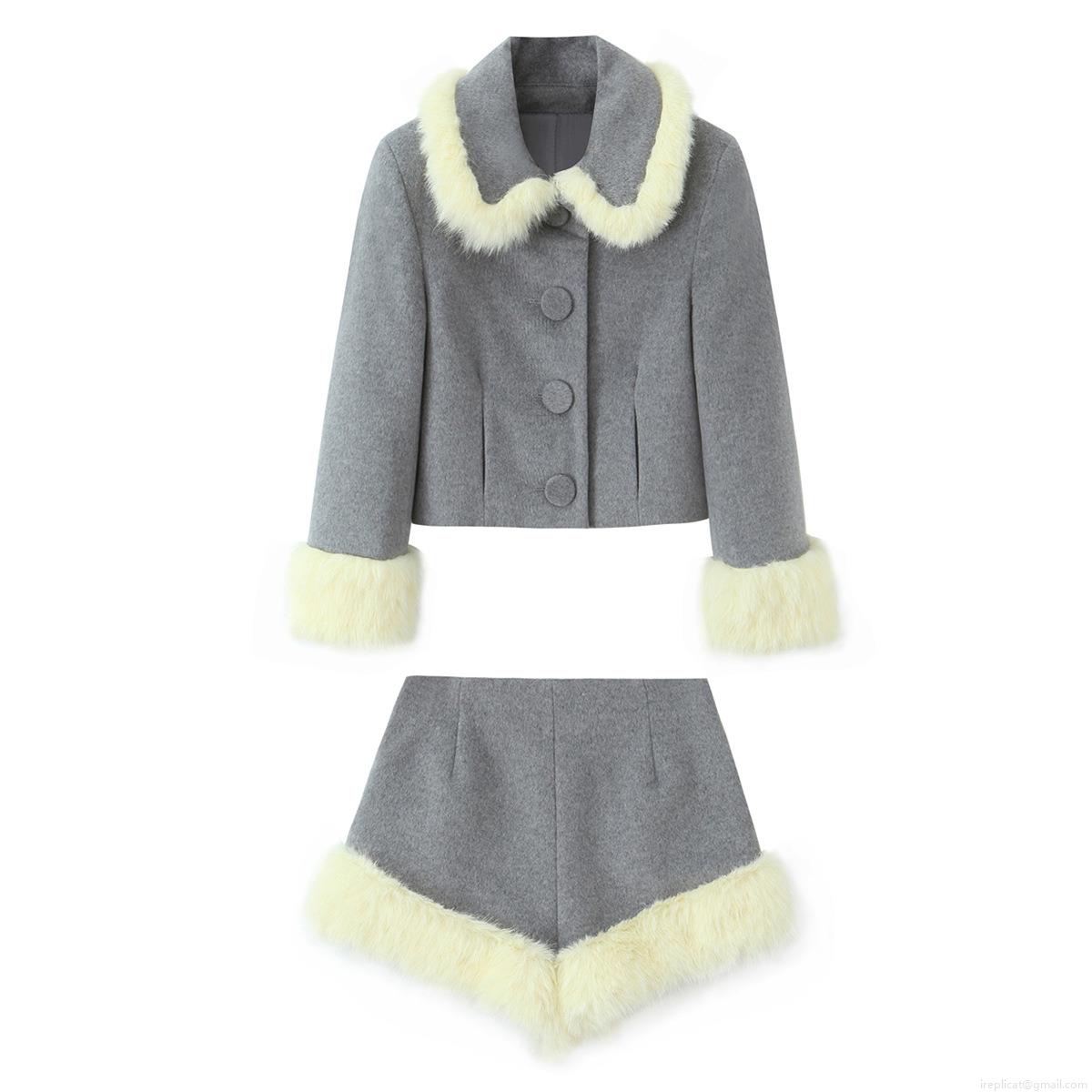 Women's Fashion Two-Piece Set Faux Fur Trim Short Jacket and V-Shape Shorts Dark Grey Polyester Autumn Winter Streetwear Casual Suit