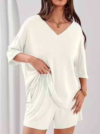 Women's 2 Piece Casual Lounge Set V Neck Short Sleeve Waffle Knit T-Shirt And Drawstring Shorts Summer Outfits Loose Solid Color Homewear