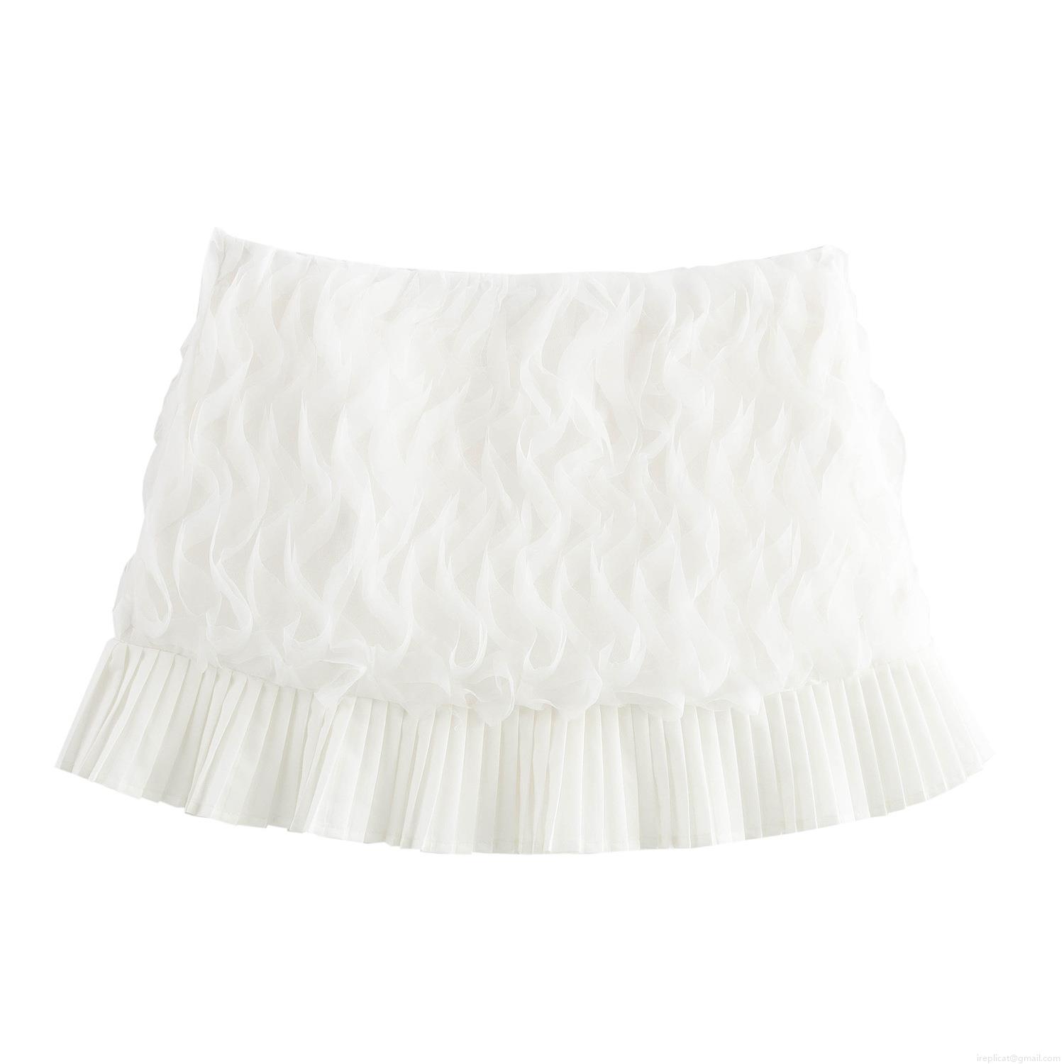 Women's Pleated Mini Skirt Ruffle Lace Patchwork Low Waist 3D Flower Solid White Polyester Short Skirt for Daily Party Vacation Sweet Style Ladies Bottoms