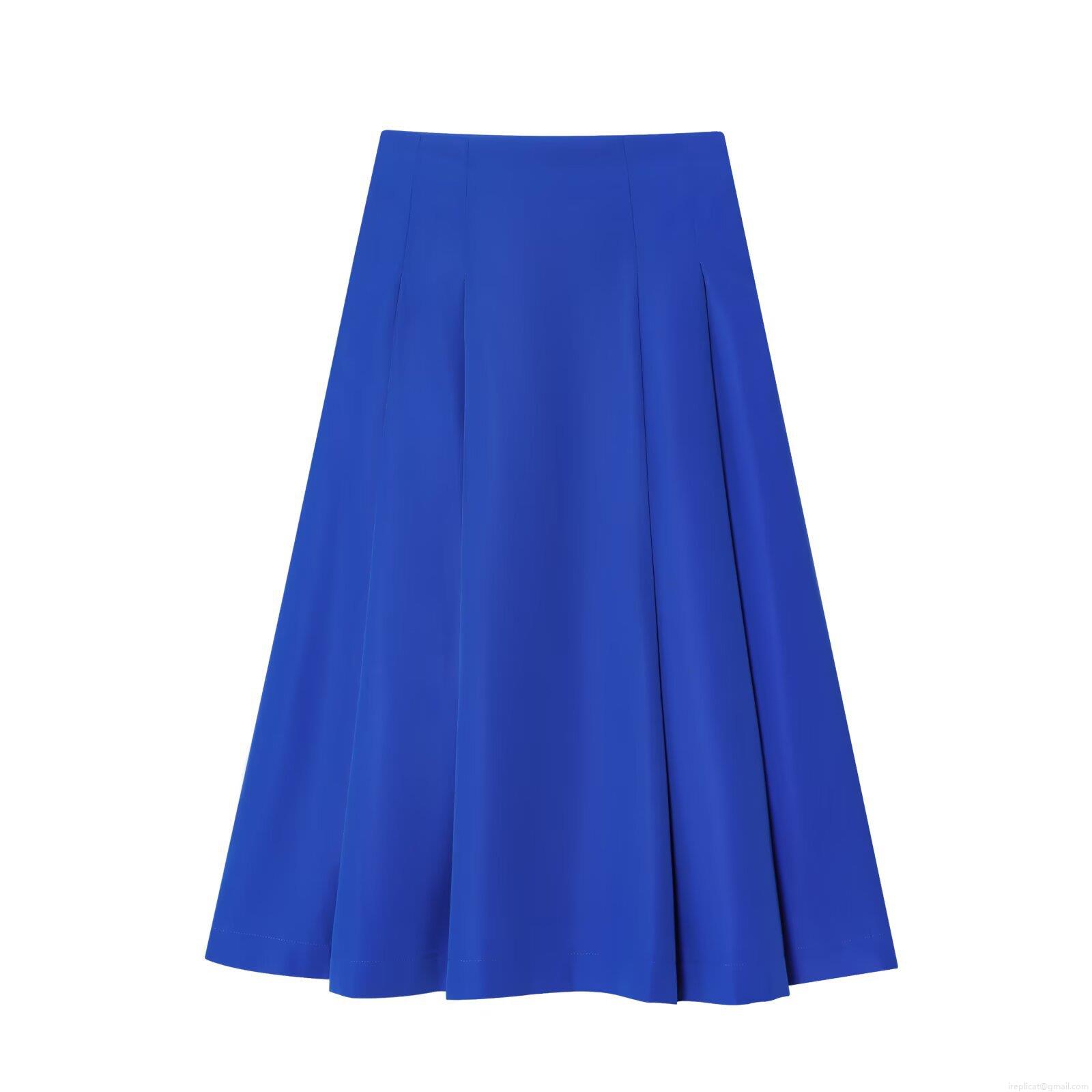 Women's High Waist A-Line Midi Skirt Solid Royal Blue Polyester Pleated Skirt Casual Street Style Versatile Bottoms for Women