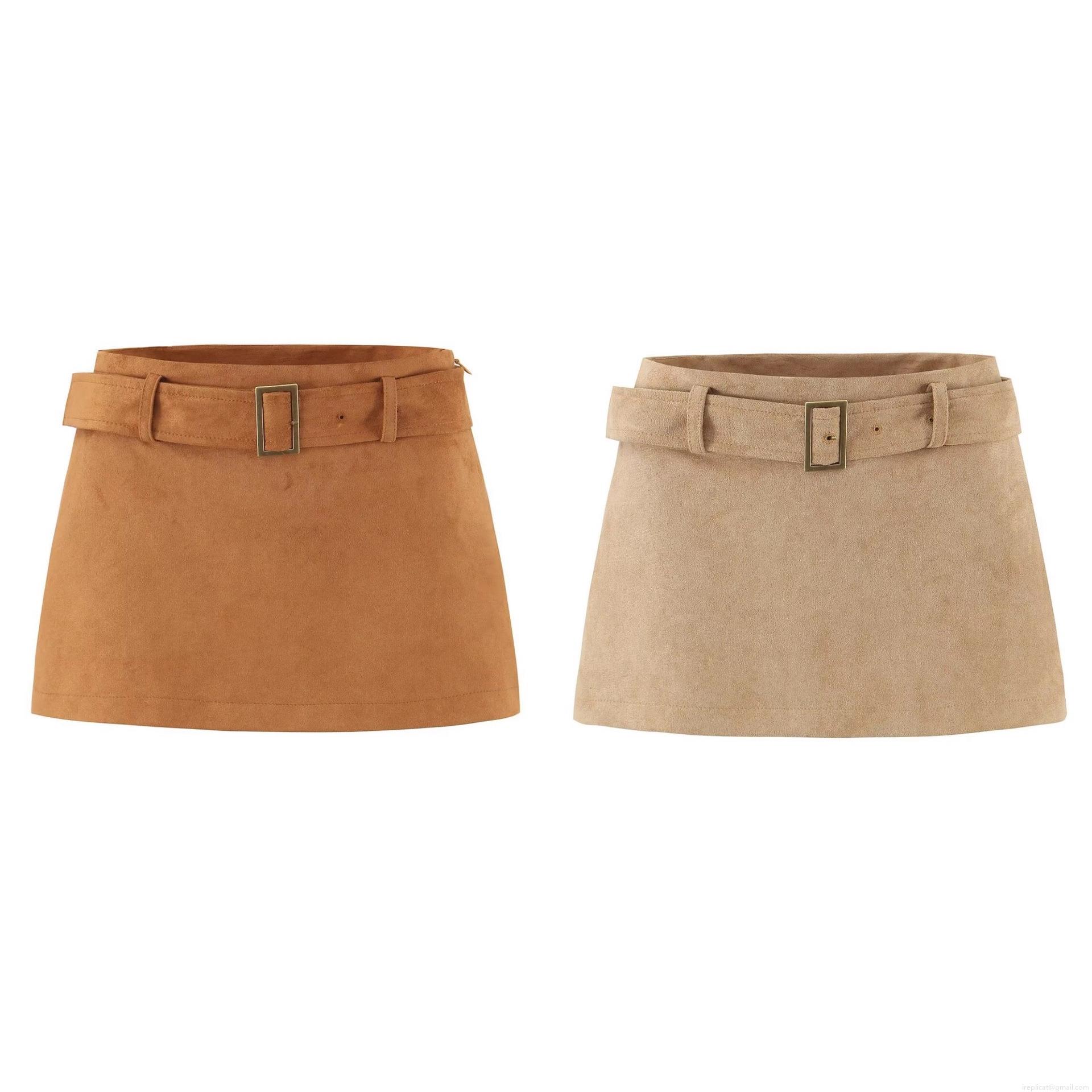 Women's Retro Suede Mini Skirt With Belt High Waist A-Line Bodycon Short Skirt Solid Color Polyester Spandex Streetwear Bottoms For Fall Autumn Women's Retro Suede Mini Skirt With Belt High Waist A-Line Bodycon Short Skirt Solid Color Polyester Spandex Streetwear Bottoms For Fall Autumn