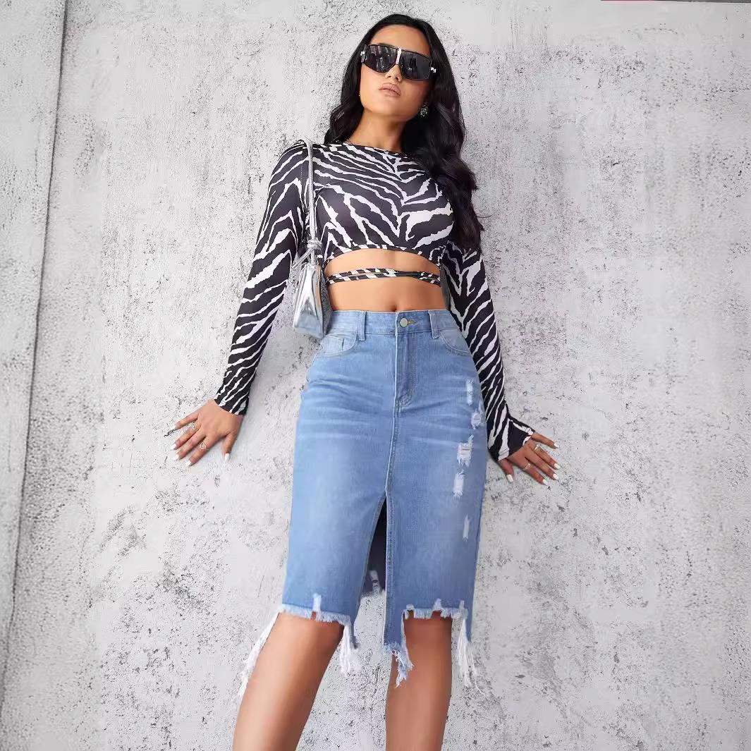 Women's Distressed Denim Midi Skirt High Waist Frayed Hem Tassel Front Slit Washed Cotton Blend Bodycon Pencil Skirt For Casual Daily Streetwear
