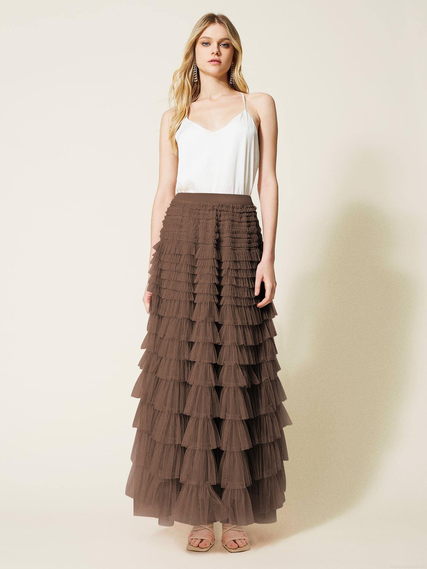Women's Summer Elegant Mesh Tiered Maxi Skirt High Waist Solid Color Ruffle Tulle Cake Skirt Long Fairy Bohemian Swing Skirt for Daily Party