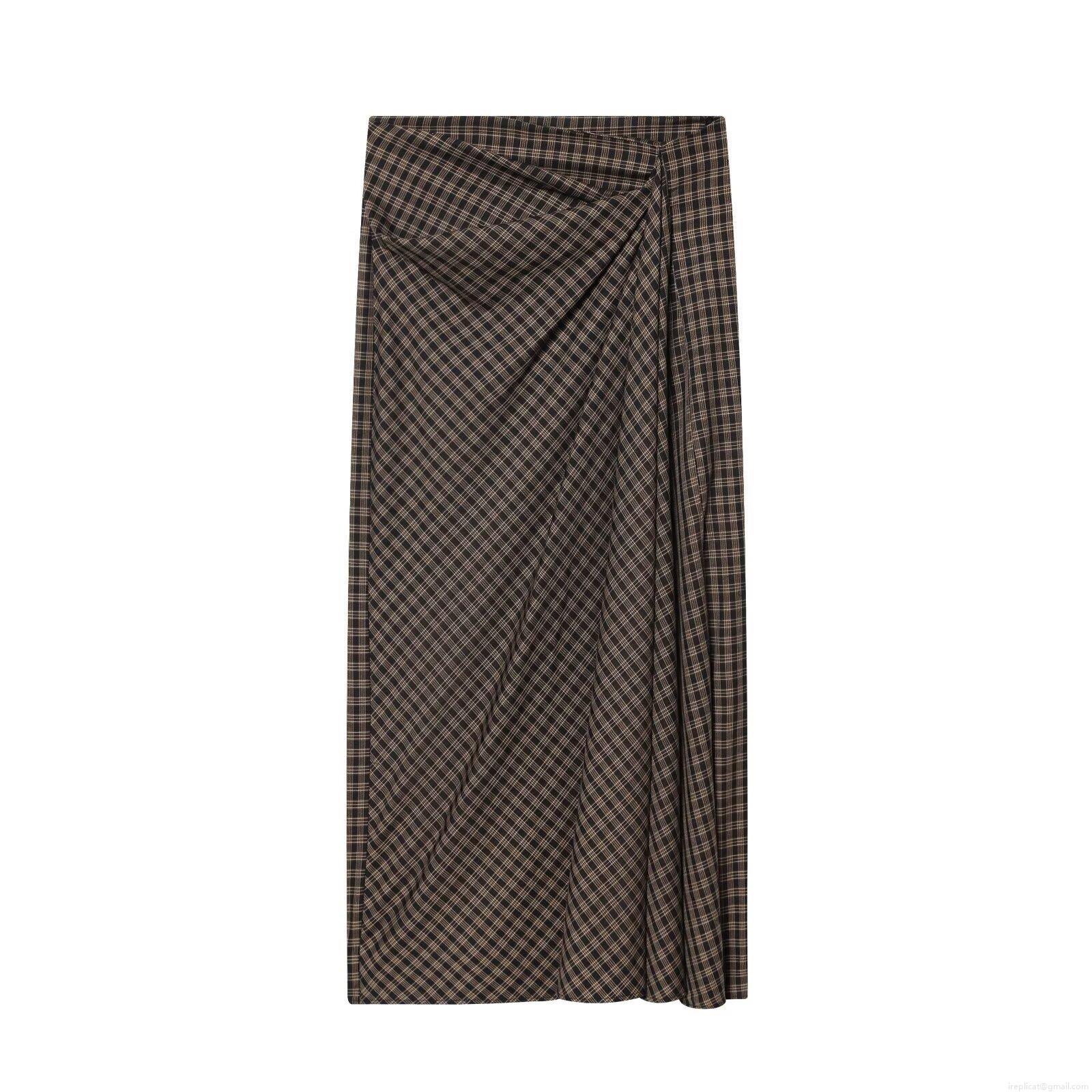 Women's Vintage Plaid Midi Skirt Spandex Blend Side Pleated Ruched High Waist Zipper Casual Office Slit Long Skirt for Winter