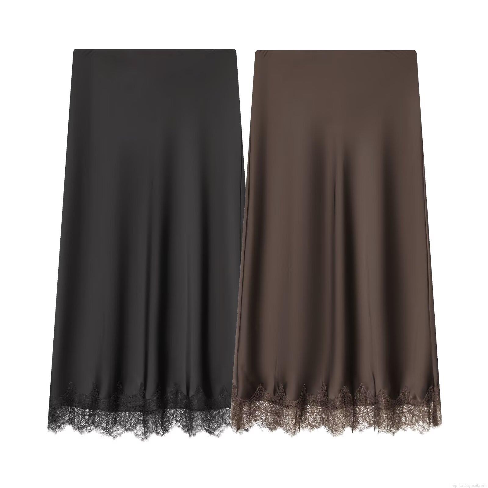 Women's Elegant Satin Midi Skirt With Lace Hem Solid Color High Waist A-Line Silk Texture Skirt For Office Party Daily Wear