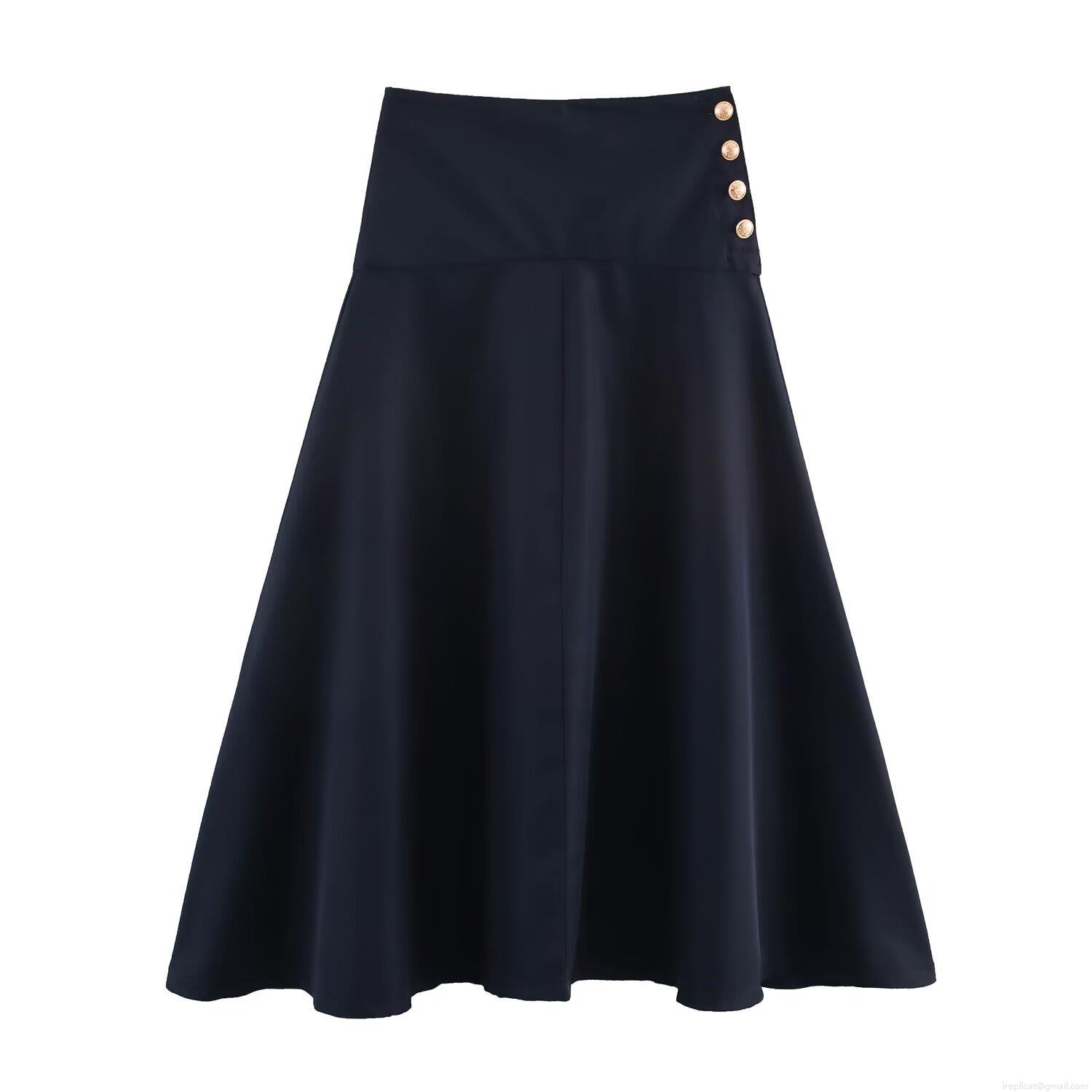 Women High Waist A-Line Skirt With Gold Buttons Elegant Office Midi Skirt Black Solid Color Polyester Spandex Skirts For Women Women High Waist A-Line Skirt With Gold Buttons Elegant Office Midi Skirt Black Solid Color Polyester Spandex Skirts For Women
