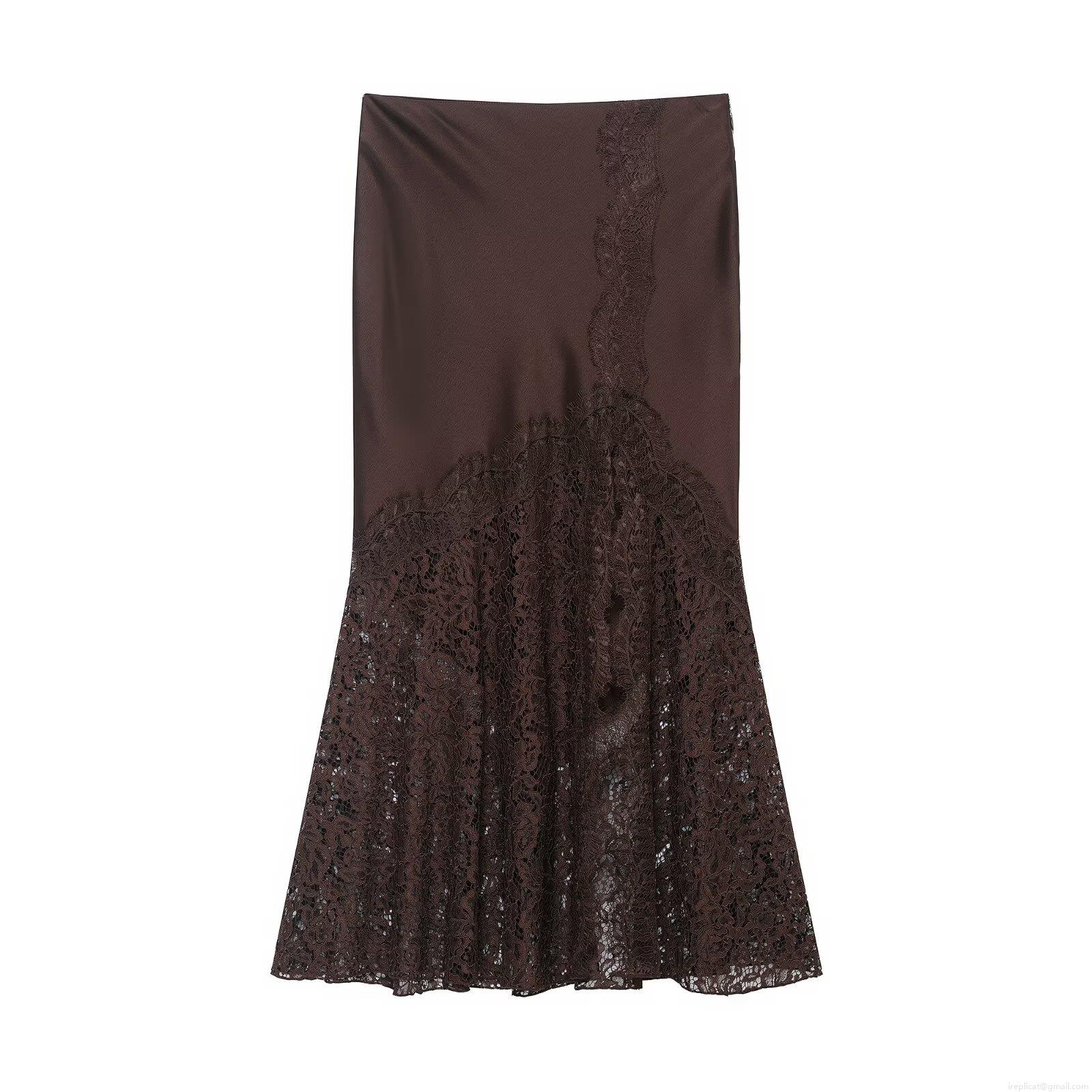 Elegant Satin Lace Patchwork Fishtail Midi Skirt High Waist Solid Color Slim Fit Long Skirt For Women Winter Office Lady