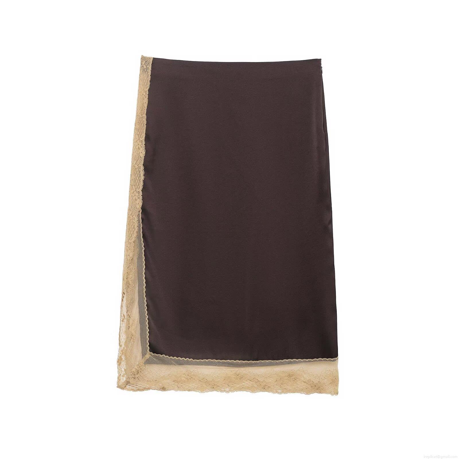 Elegant Women Coffee Satin Midi Skirt With Cream Lace Stitching Side Slit High Waist A-Line Skirt For Office Dating Party Night Out