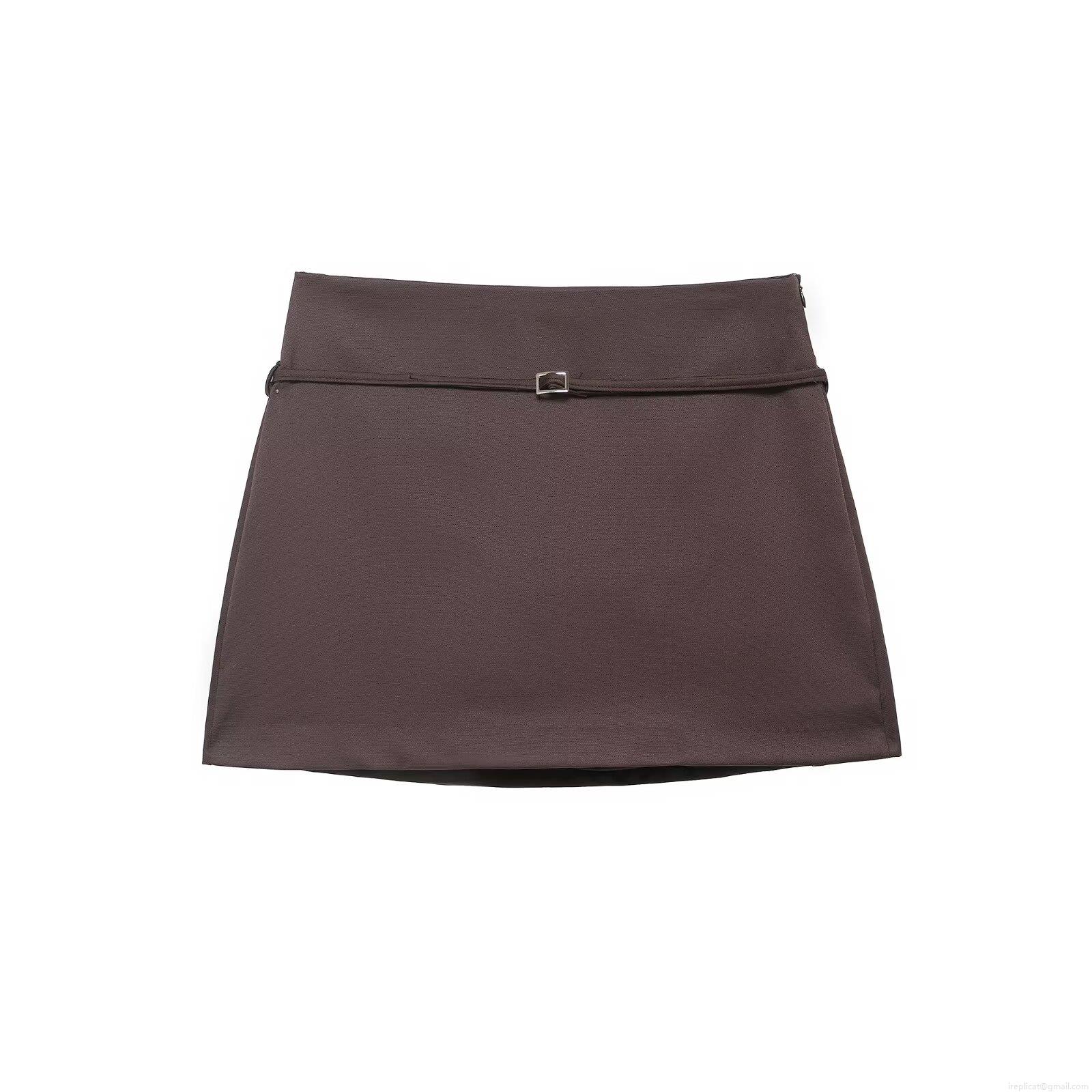 Women High Waist Mini Skirt With Belt Silver Buckle Polyester Blend Solid Coffee Brown Sexy Streetwear Short Skirt For Ladies Women High Waist Mini Skirt With Belt Silver Buckle Polyester Blend Solid Coffee Brown Sexy Streetwear Short Skirt For Ladies