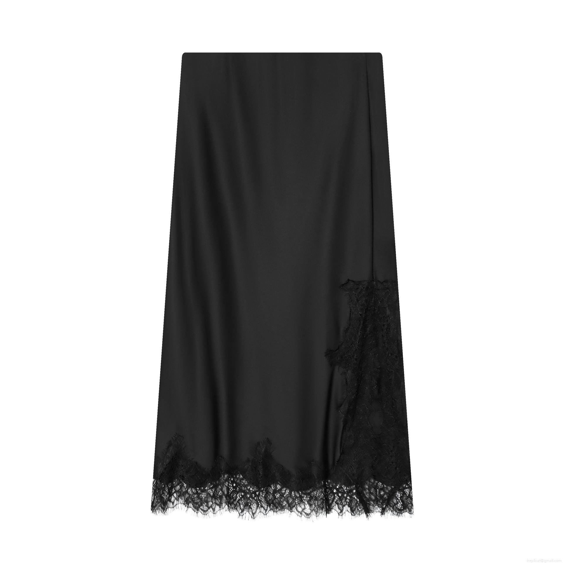 Women Satin Lace Patchwork Midi Skirt Elegant High Waist Silk Feeling Straight Pencil Skirt for Party Date Streetwear
