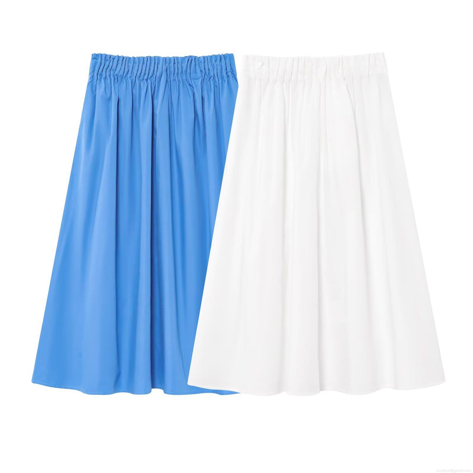 Women's Casual High Waist Pleated Midi Skirt Solid Color Poplin Texture Polyester Elastic Waist A-Line Skirt For Daily Wear Streetwear