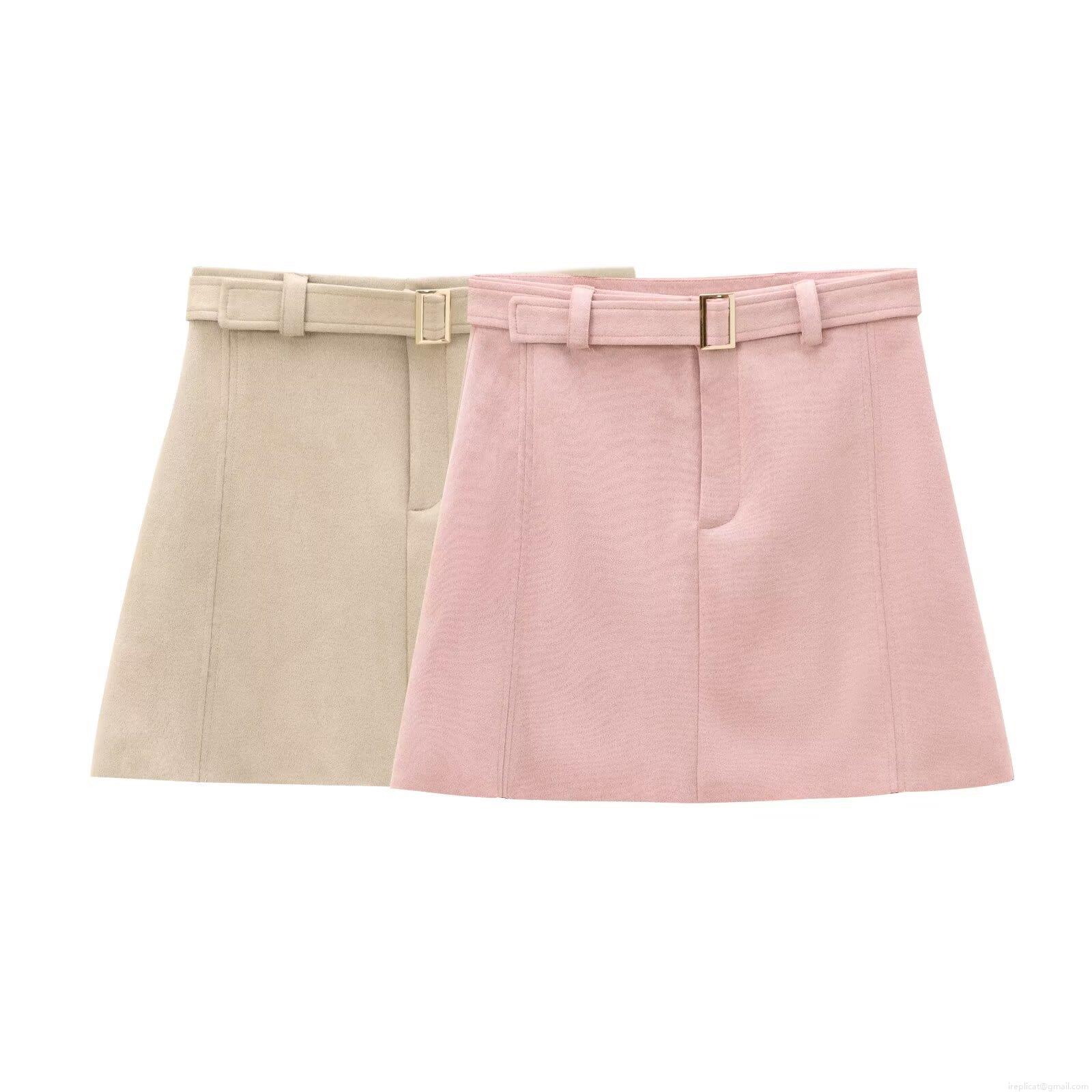 Women's Sexy High Waist Faux Suede Mini Skirt A-Line Bodycon Skirt With Matching Belt Gold Metal Buckle Solid Color Streetwear Skirts