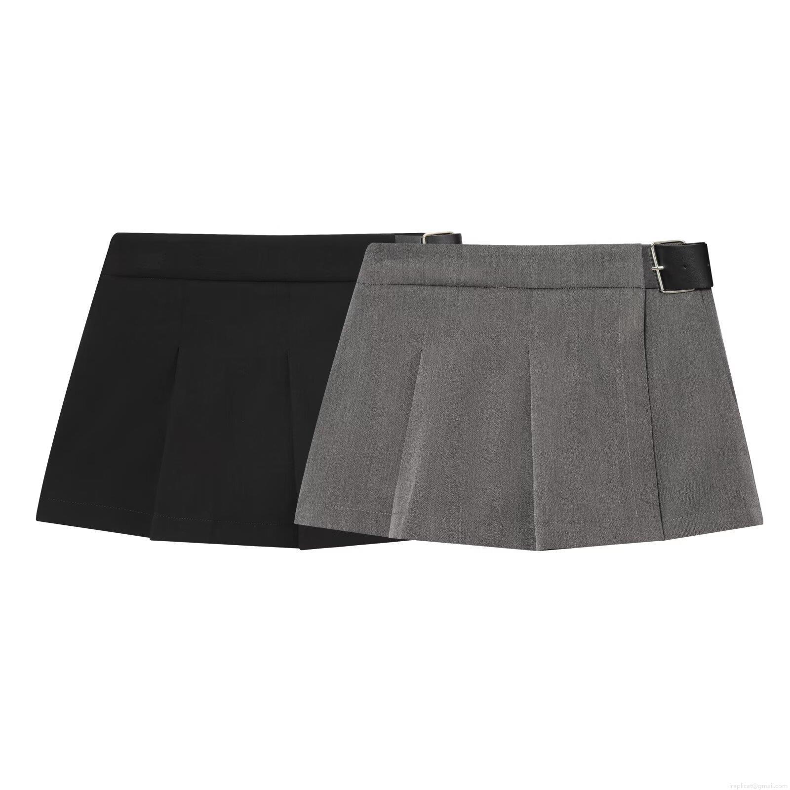 Women's High Waist Pleated Mini Skirt With Leather Buckle Detail Fashion Solid Color Polyester Streetwear Sexy A-Line Skort For Ladies