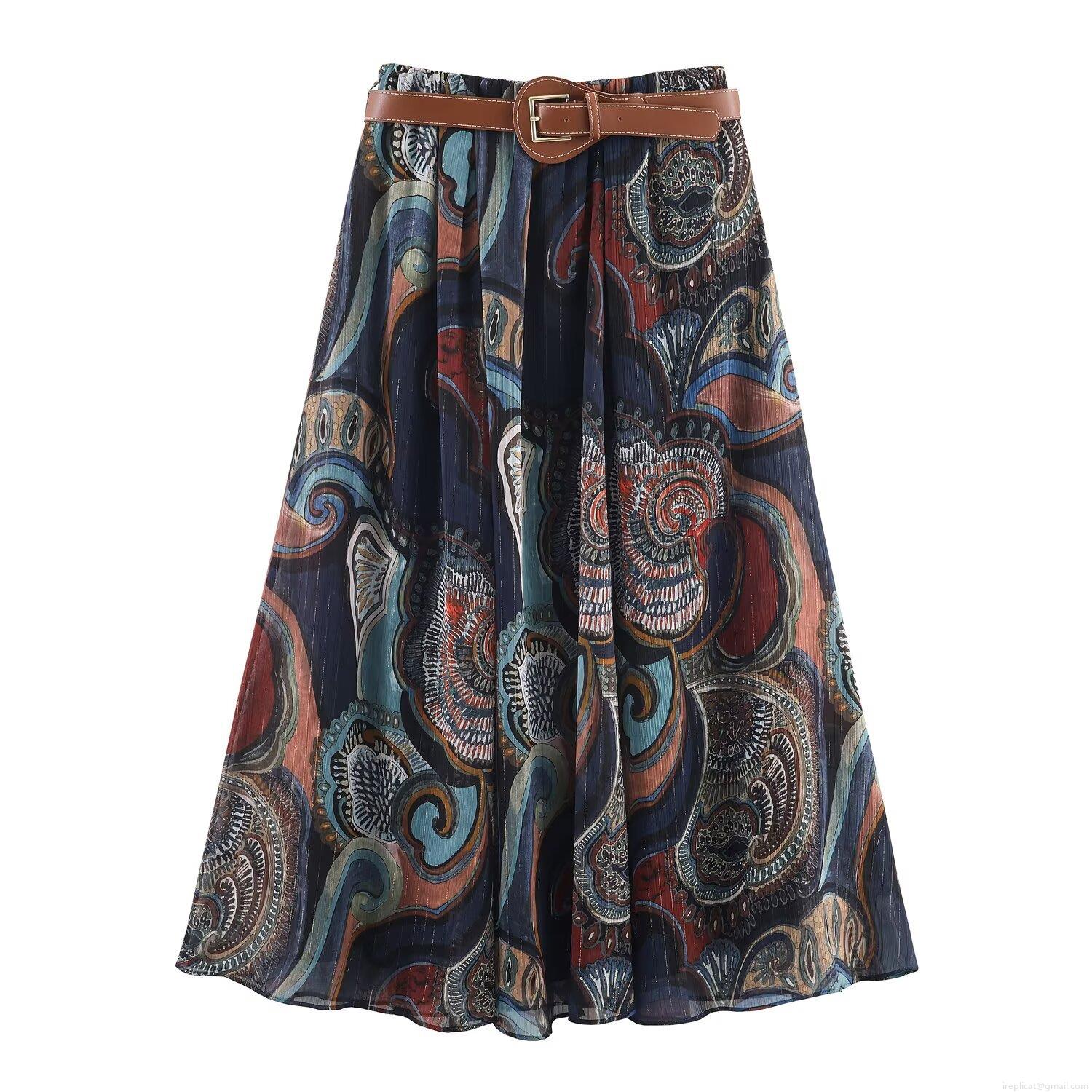 Women's Bohemian Paisley Print Midi Skirt with Faux Leather Belt Retro Metallic Wire High Waist A-Line Skirt for Party Casual Streetwear