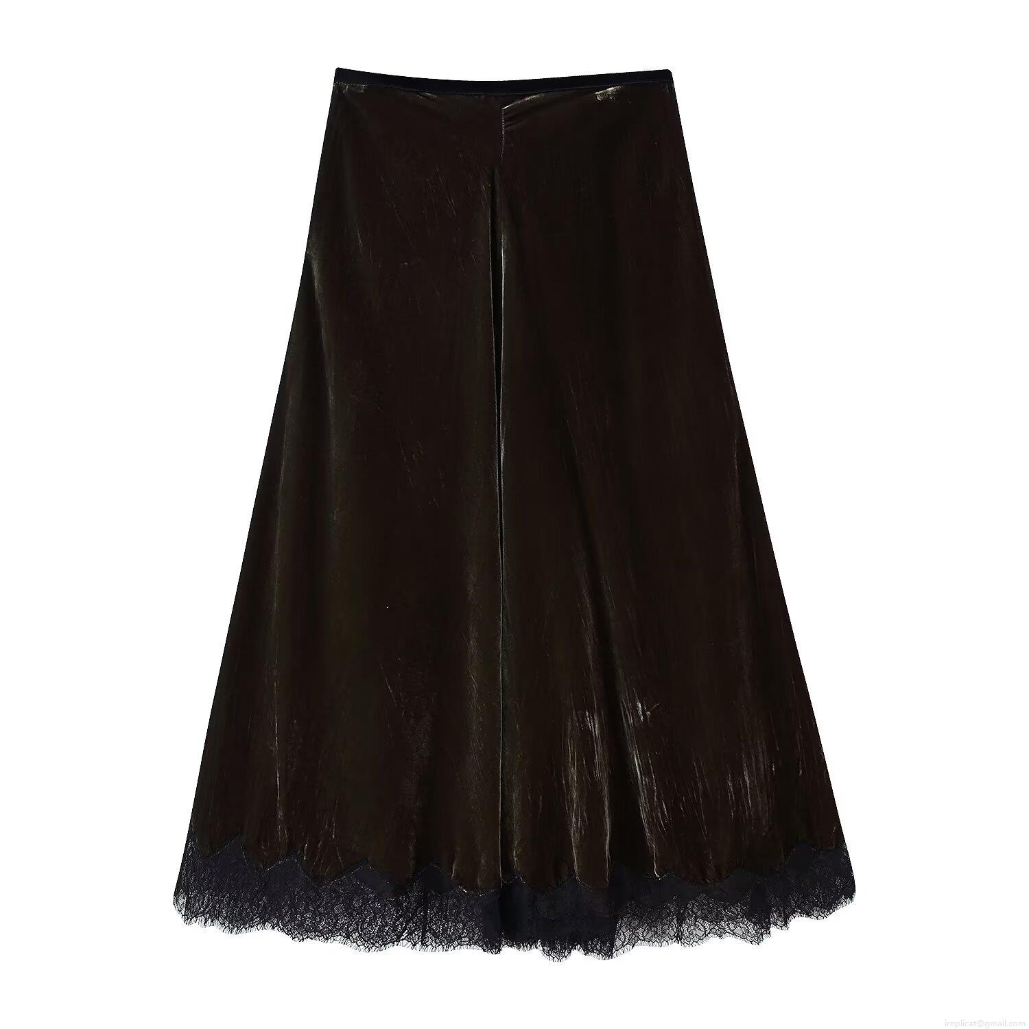 Women's Sexy High Waist Velvet Midi Skirt Elegant Coffee Brown A-Line Skirt with Black Lace Patchwork Hem Street Trendy Velvet Skirt for Party Club Wear