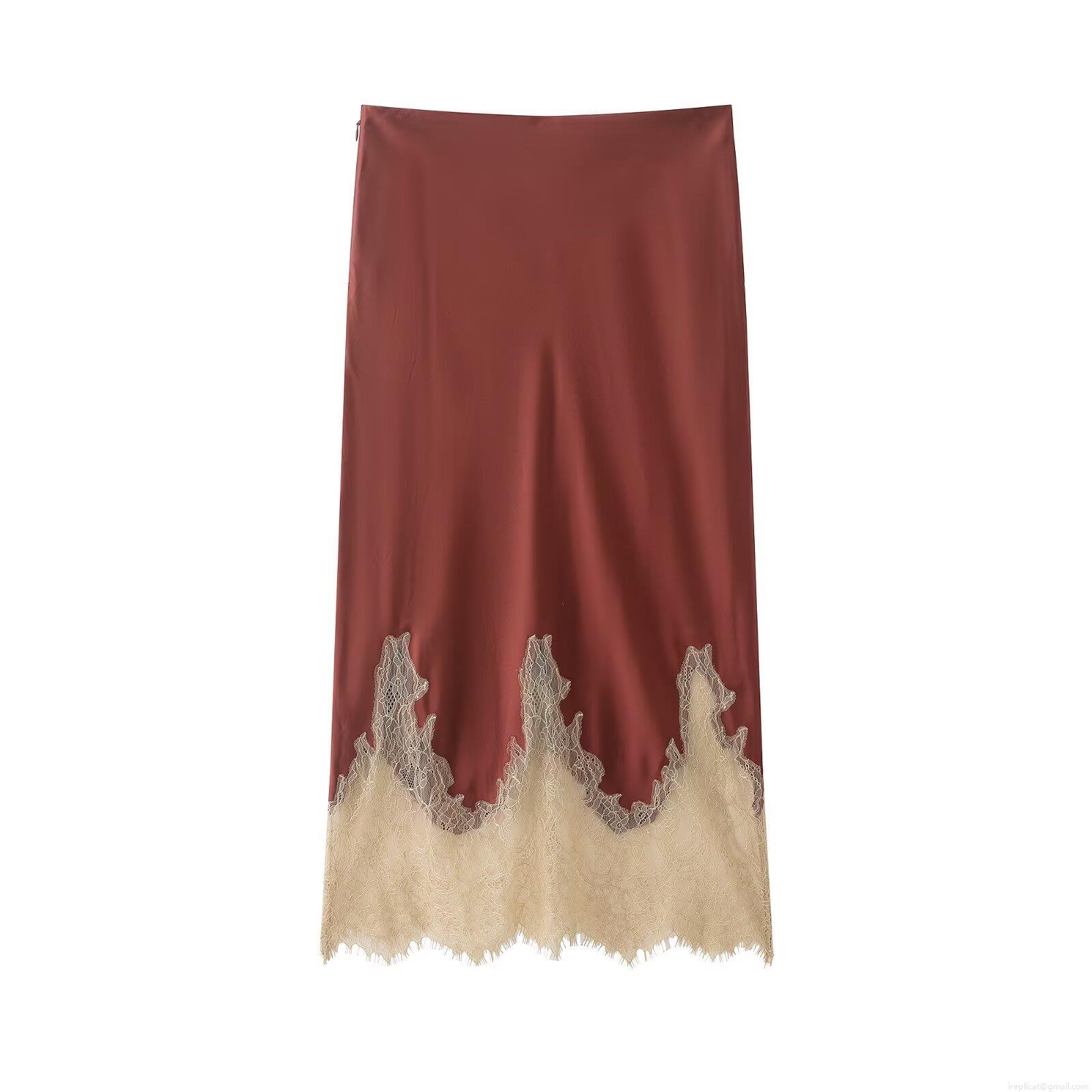 Women's Elegant Satin Polyester Midi Skirt With Beige Lace Trim Side Invisible Zipper High Waist Color-Blocking A-Line Skirt For Party Dating Streetwear Lady Clothing