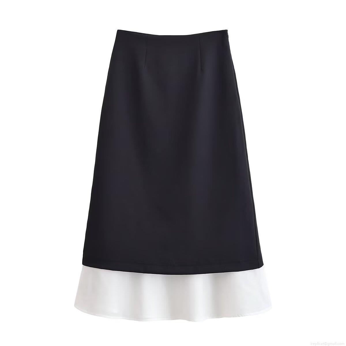 Women's High Waist Black White Spliced Long Skirt Contrast Color Layered Straight A-Line Skirt Fashion Streetwear Polyester Casual Skirts For Women