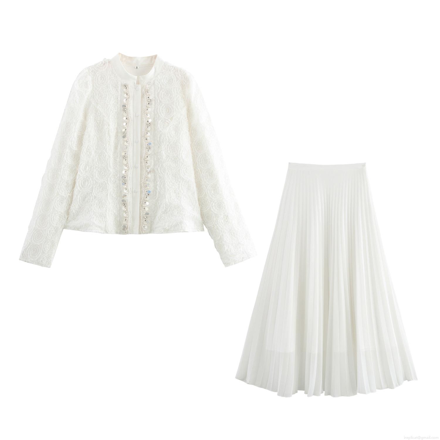 Elegant White 2 Piece Skirt Set 3D Rose Flower Textured Beaded Jacket And High Waist Pleated Maxi Skirt For Women Socialite Party Wedding Vintage Style