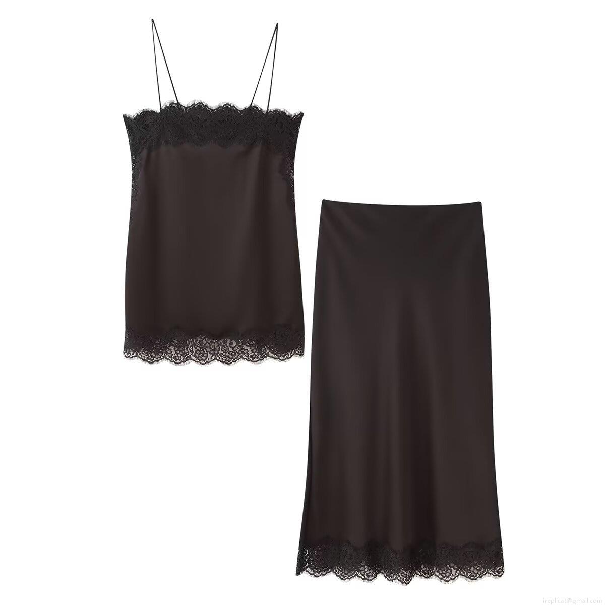 Women Sexy Lace Splicing Satin Two Piece Set Camisole Top And Midi Skirt Elegant Silk-Like Sleeveless Tank Top With Lace Hem Skirt Set