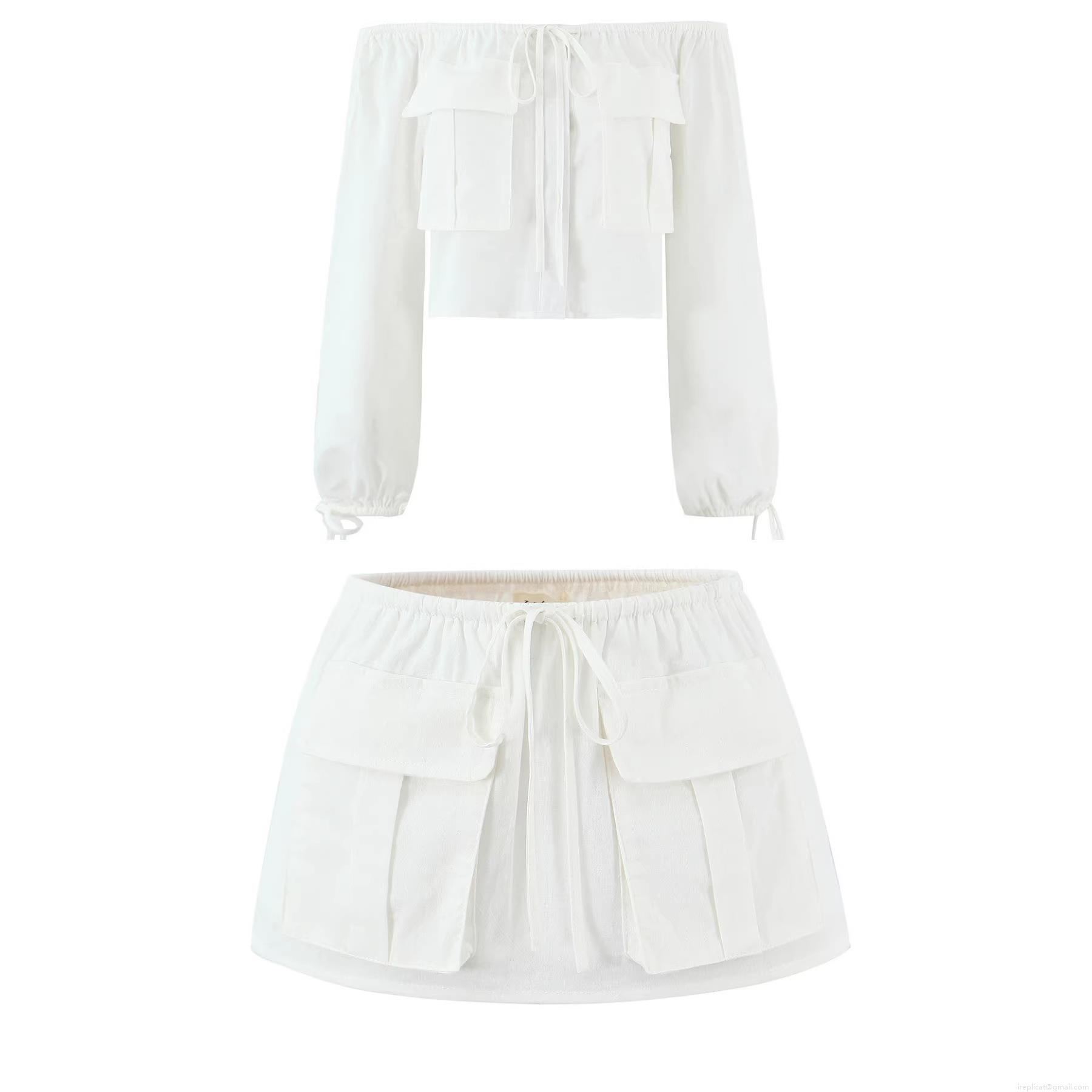 Women's 2 Piece White Cargo Set Off Shoulder Long Sleeve Crop Top And Mini Skirt With Multi Pockets Casual Streetwear Summer Outfit For Women
