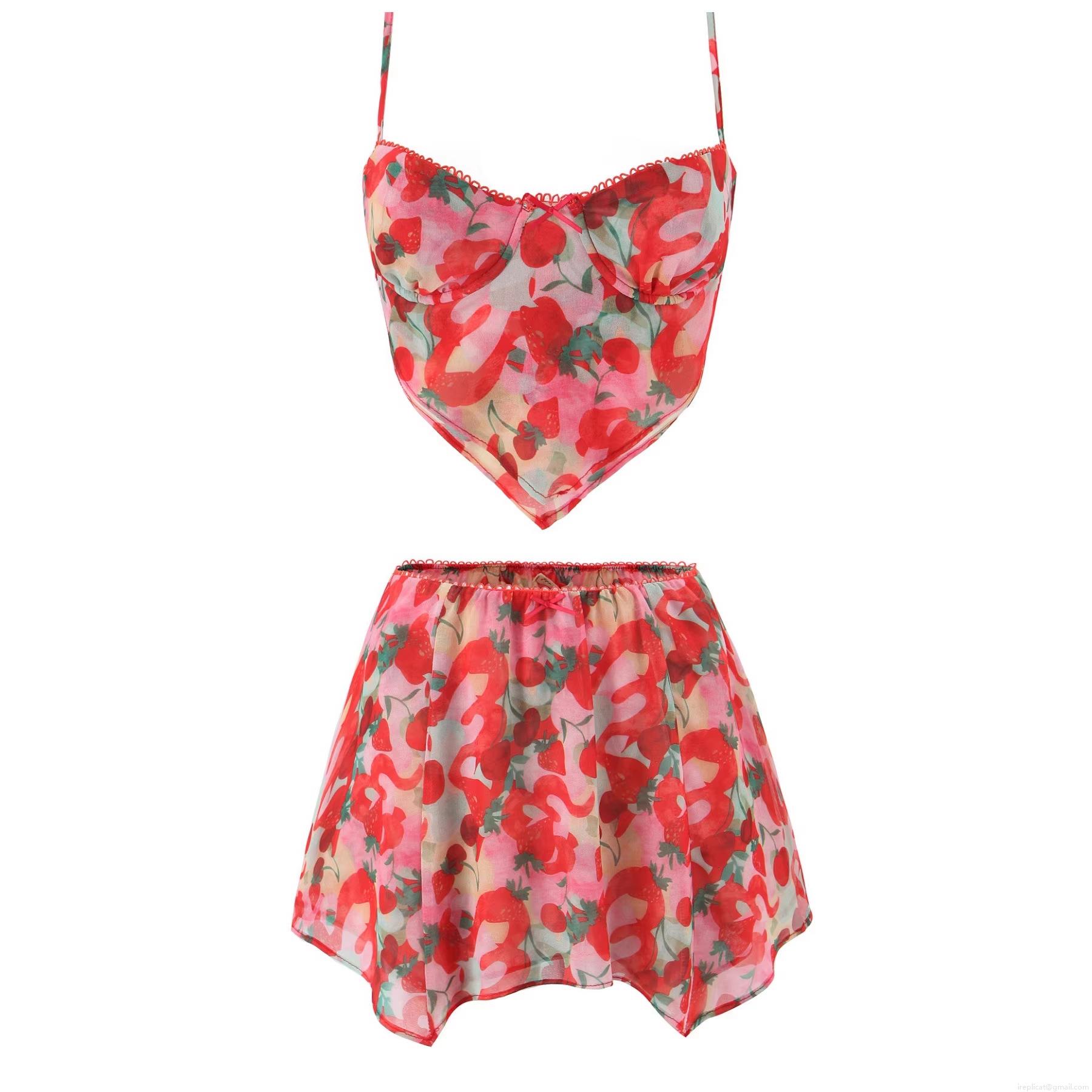 Women's Summer Strawberry Print 2 Piece Skirt Set Red Mesh Camisole V-Hem Crop Top And Elastic Waist Mini Skirt Set For Vacation Casual Streetwear Sexy Sweet Outfit