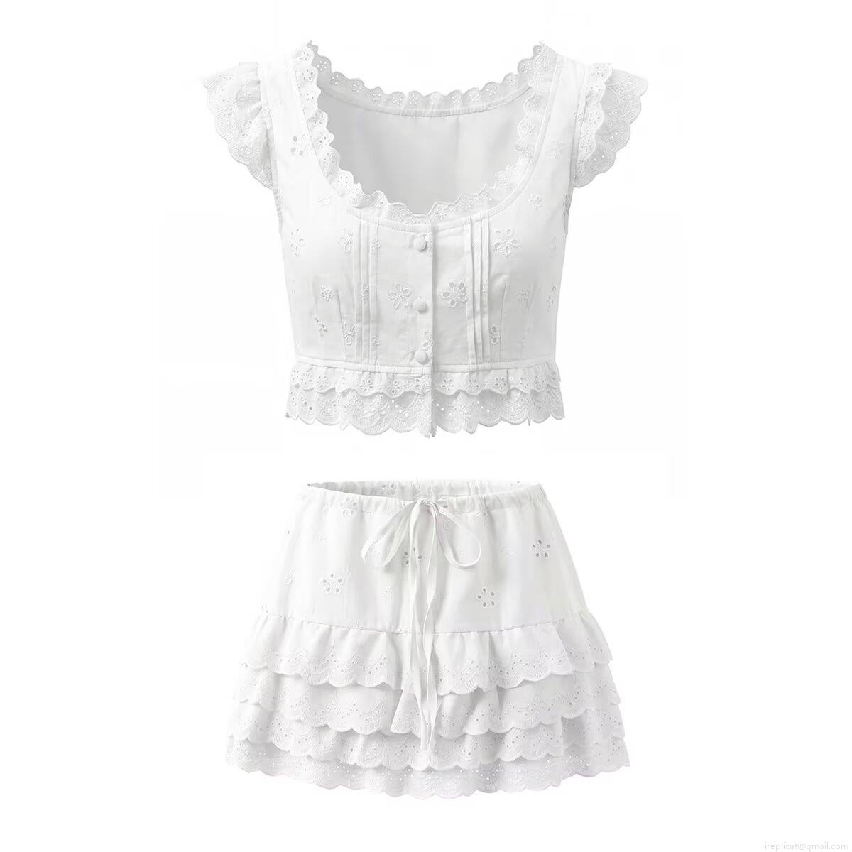 Women's White 100% Cotton Two Piece Skirt Set Floral Eyelet Embroidery Lace Crop Top And Tiered Ruffle Mini Skirt For Summer Vacation Beach Party