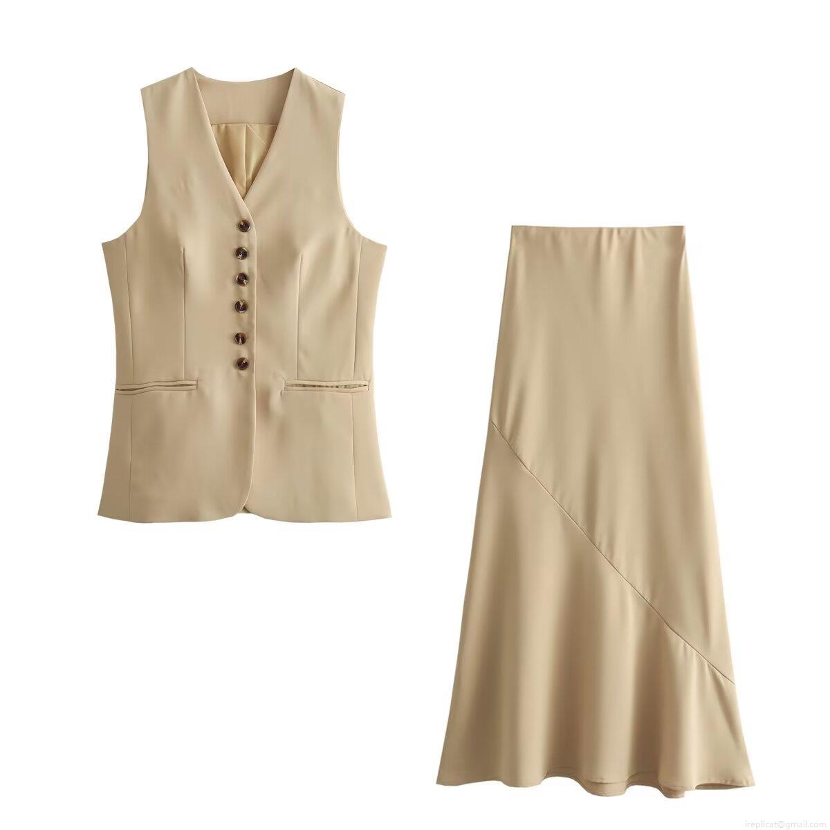 Women's Summer Khaki Single Breasted V-Neck Vest and High Waisted A-Line Midi Skirt Two Piece Set Street Style Sleeveless Suit for Office Wear