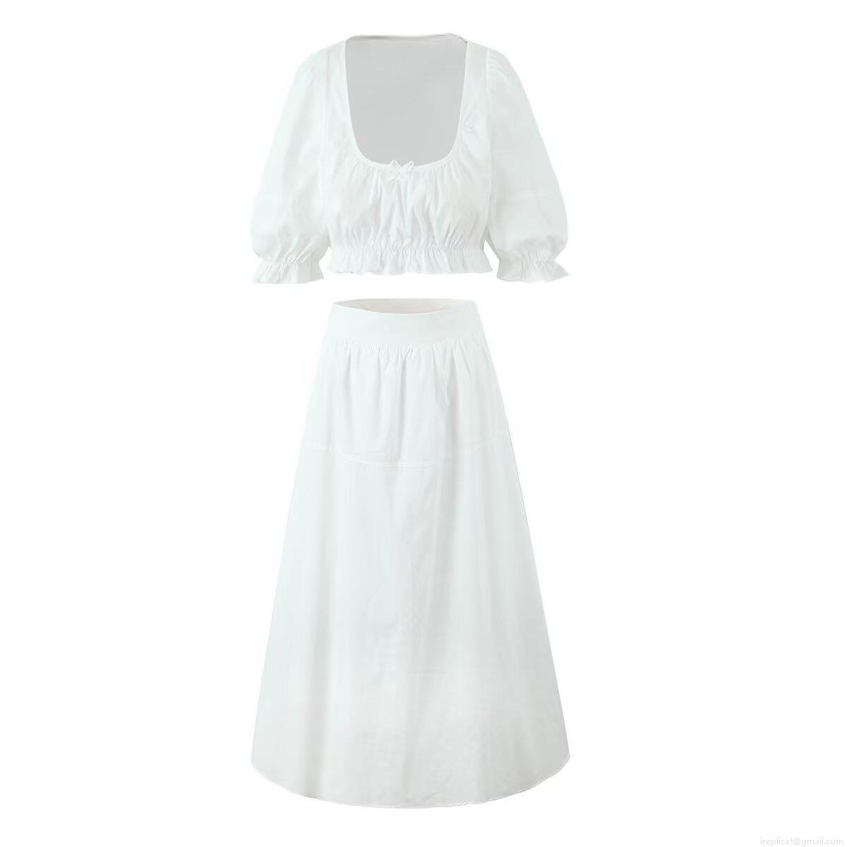 Women's 2 Piece Skirt Set 100% Cotton Square Neck Puff Sleeve Crop Top With Bowknot And High Waisted A-Line Tiered Maxi Skirt Summer Cottagecore Retro Outfit