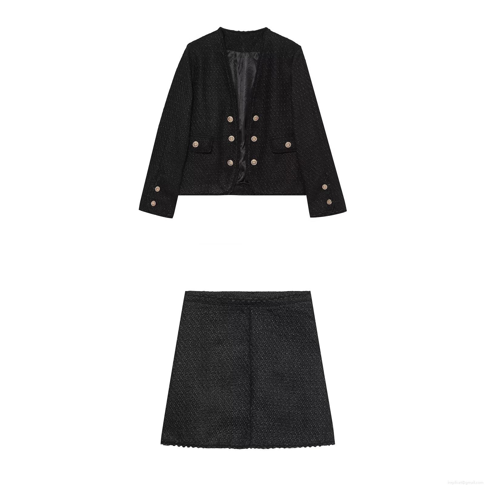 Women's Elegant Black Tweed Skirt Set Two Piece Long Sleeve Round Neck Jacket With Golden Buttons And A-Line Mini Skirt For Office Party Streetwear Fashion Outfit Women's Elegant Black Tweed Skirt Set Two Piece Long Sleeve Round Neck Jacket With Golden Buttons And A-Line Mini Skirt For Office Party Streetwear Fashion Outfit