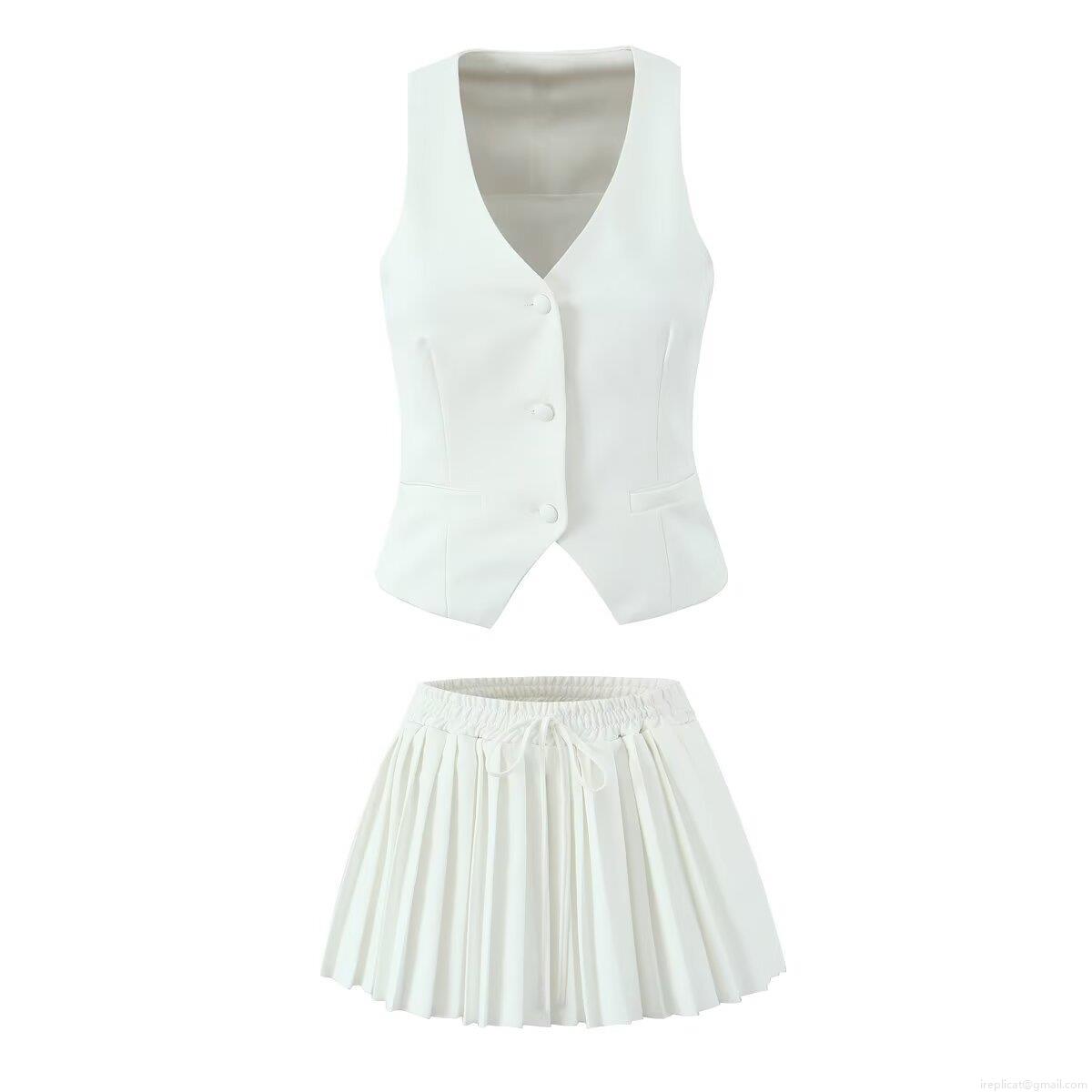 Women's 2 Piece Fashion Sleeveless Button Up Vest and High Waist Pleated Mini Skirt Set Solid Color Streetwear Office Slim Fit Casual Outfits