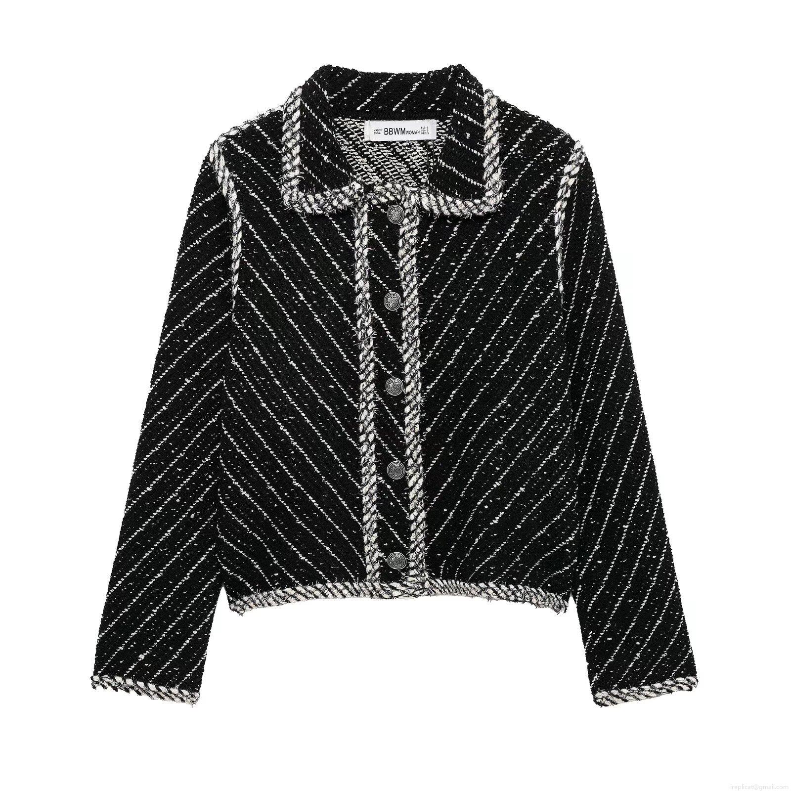 Women's Elegant Knit Tweed Two Piece Set Long Sleeve Lapel Jacket And Mini Skirt With White Diagonal Stripes Silver Buttons Street Fashion Spring Outfits
