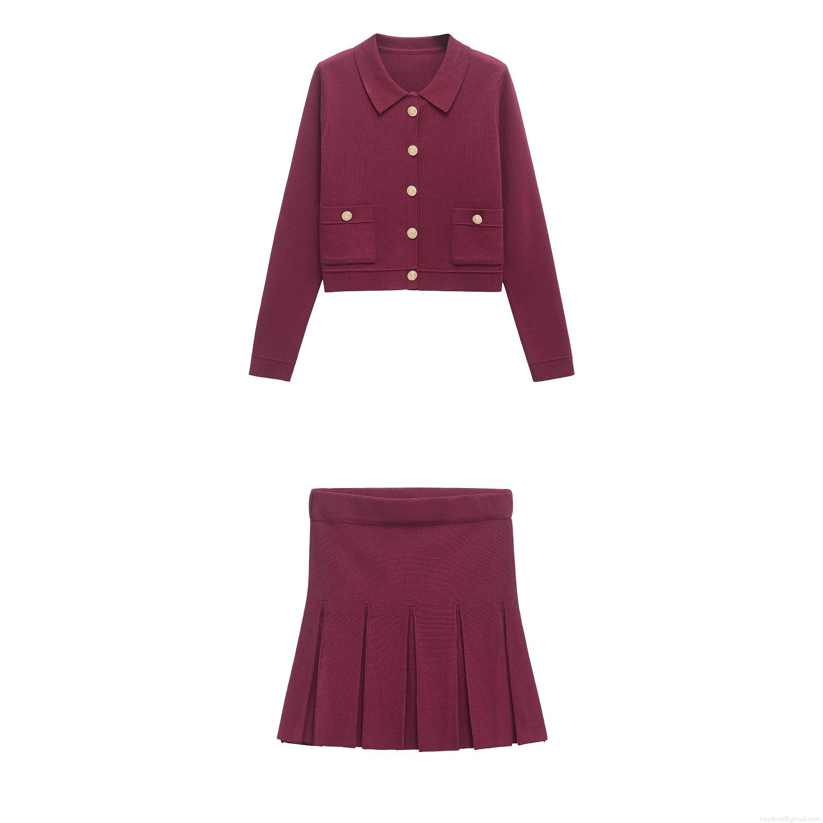 Women's Knitted Skirt Set Wine Red Long Sleeve Cardigan And Pleated Mini Skirt Elegant Mercerized Cotton Solid Color Outfit With Gold Buttons For Party Lady