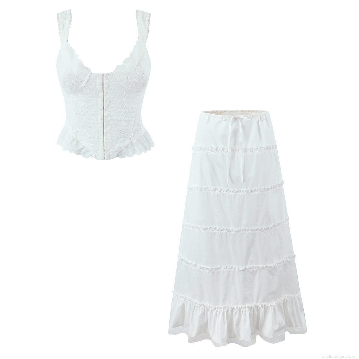 Women's White Embroidery Broderie Anglaise Two-Piece Set Cotton Eyelet Sleeveless Corset Crop Top and Tiered Maxi Cake Skirt Outfit For Vacation Summer Party