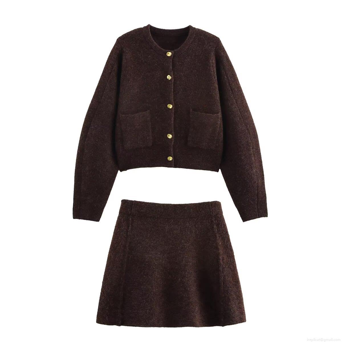 Women's 2-Piece Knitted Skirt Set Button Down Plush Cardigan And A-Line Mini Skirt Streetwear Casual Brown Outfit For Women
