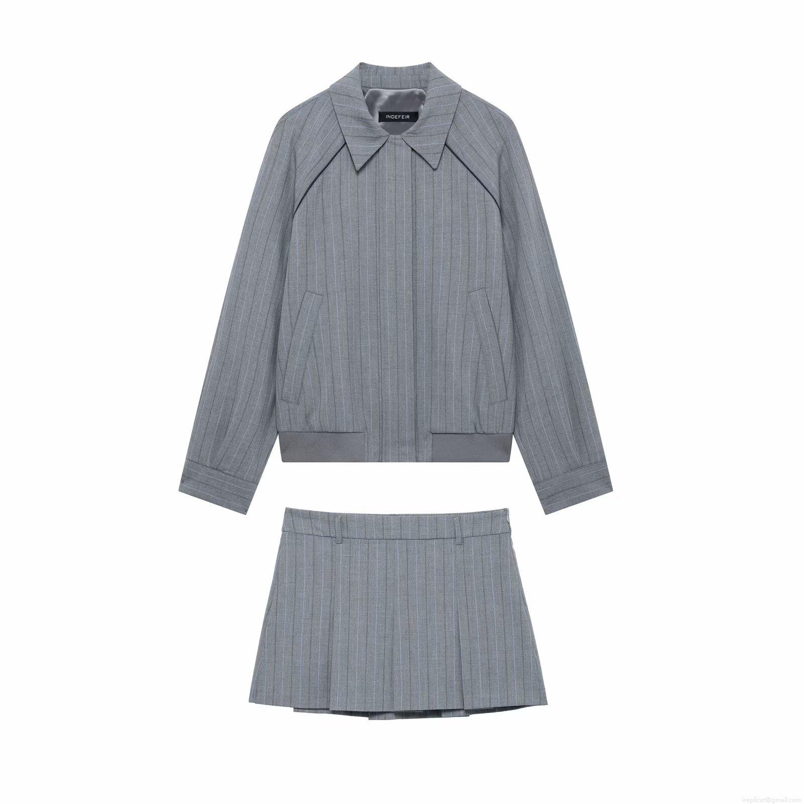 Women Pinstripe 2 Piece Set Zipper Bomber Jacket And Pleated Mini Skirt Outfits European American Streetwear Polyester Casual Clothing Set Grey