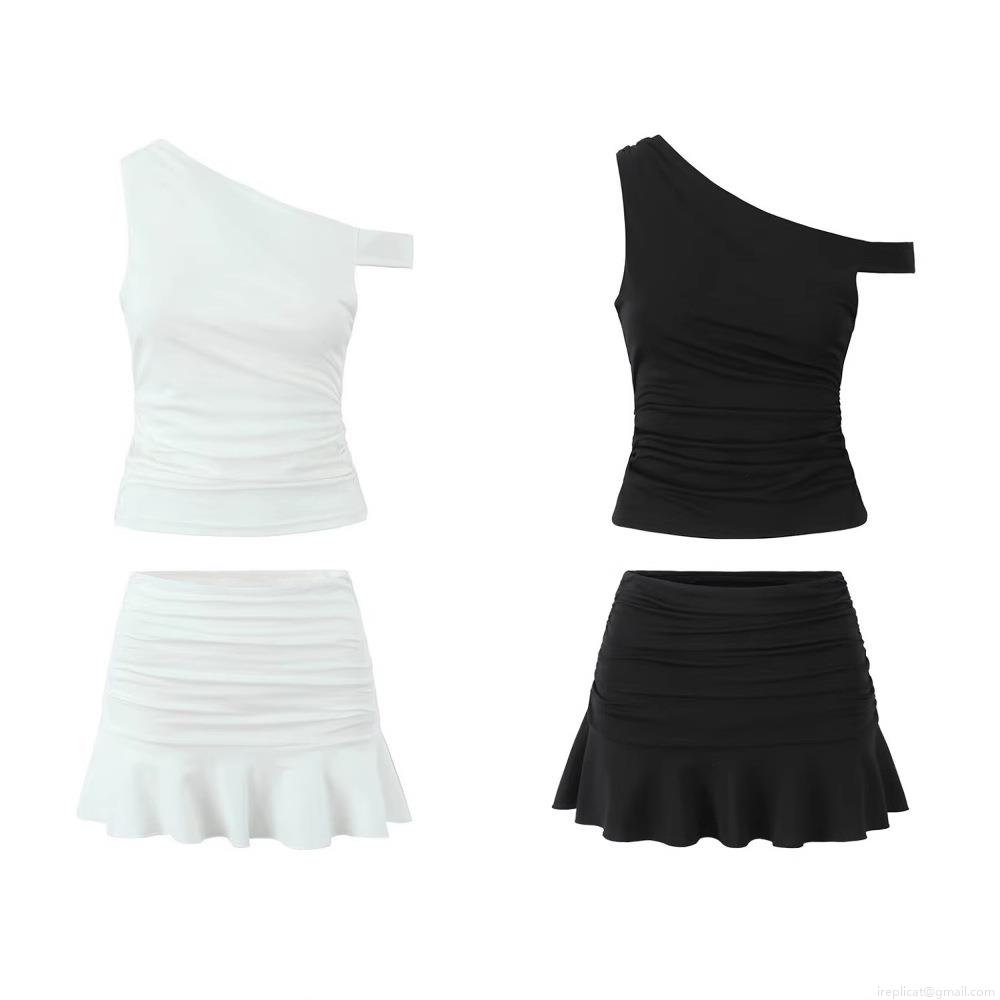 Women's Summer Two-Piece Set Sexy One-Shoulder Ruched Top And Ruffle Mini Skirt Slim Fit Solid Color Streetwear Clothing Set For Daily Vacation Party
