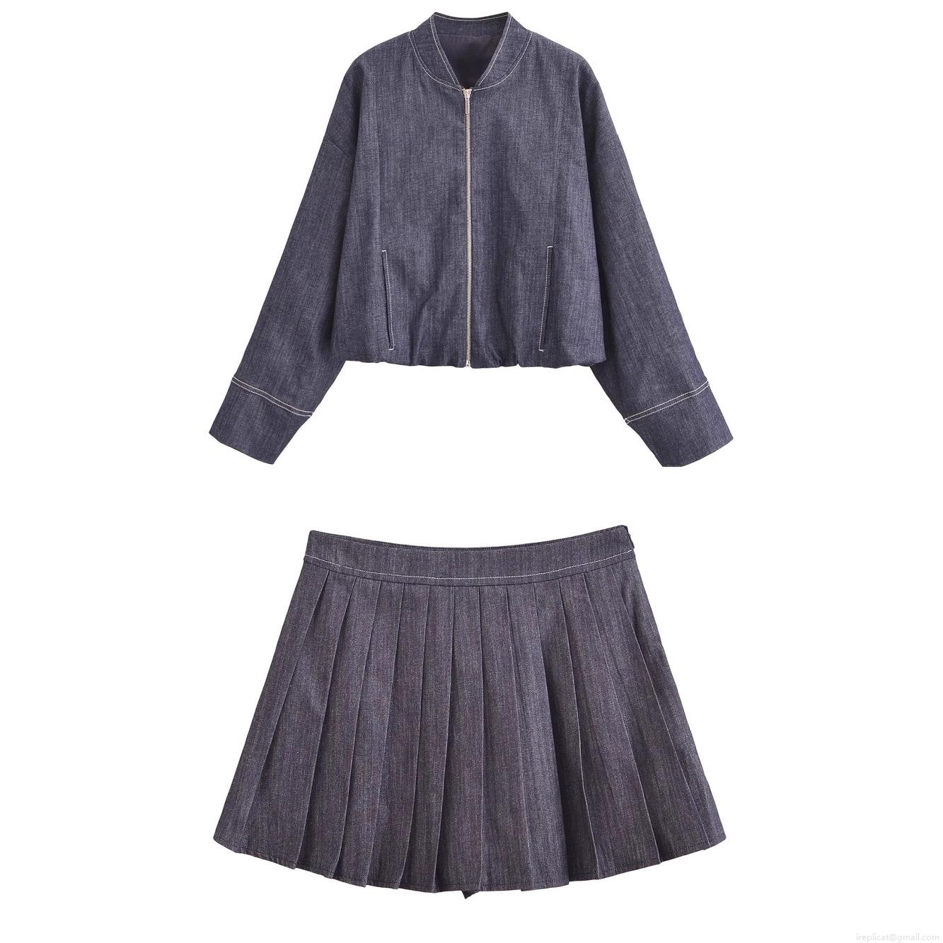 Women Denim Style 2 Piece Set Navy Blue Zip Up Bomber Jacket with High Waist Pleated Mini Skirt Casual Streetwear Outfits for Spring Autumn