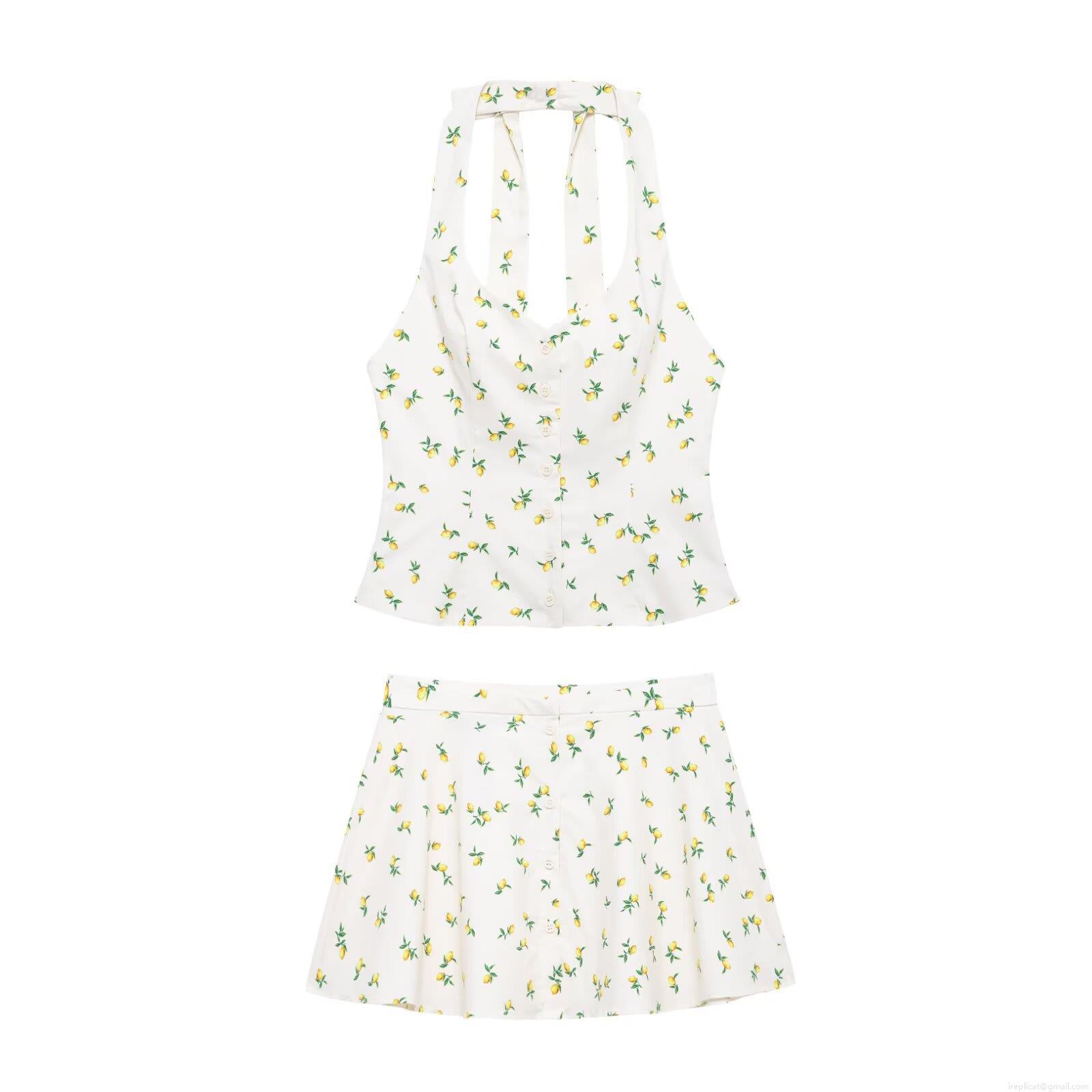 Women Summer Lemon Print Two-Piece Set Halter Bow Tie Neck Button Down Top and High Waist A-Line Mini Skirt Polyester Floral Beach Vacation Streetwear Outfit